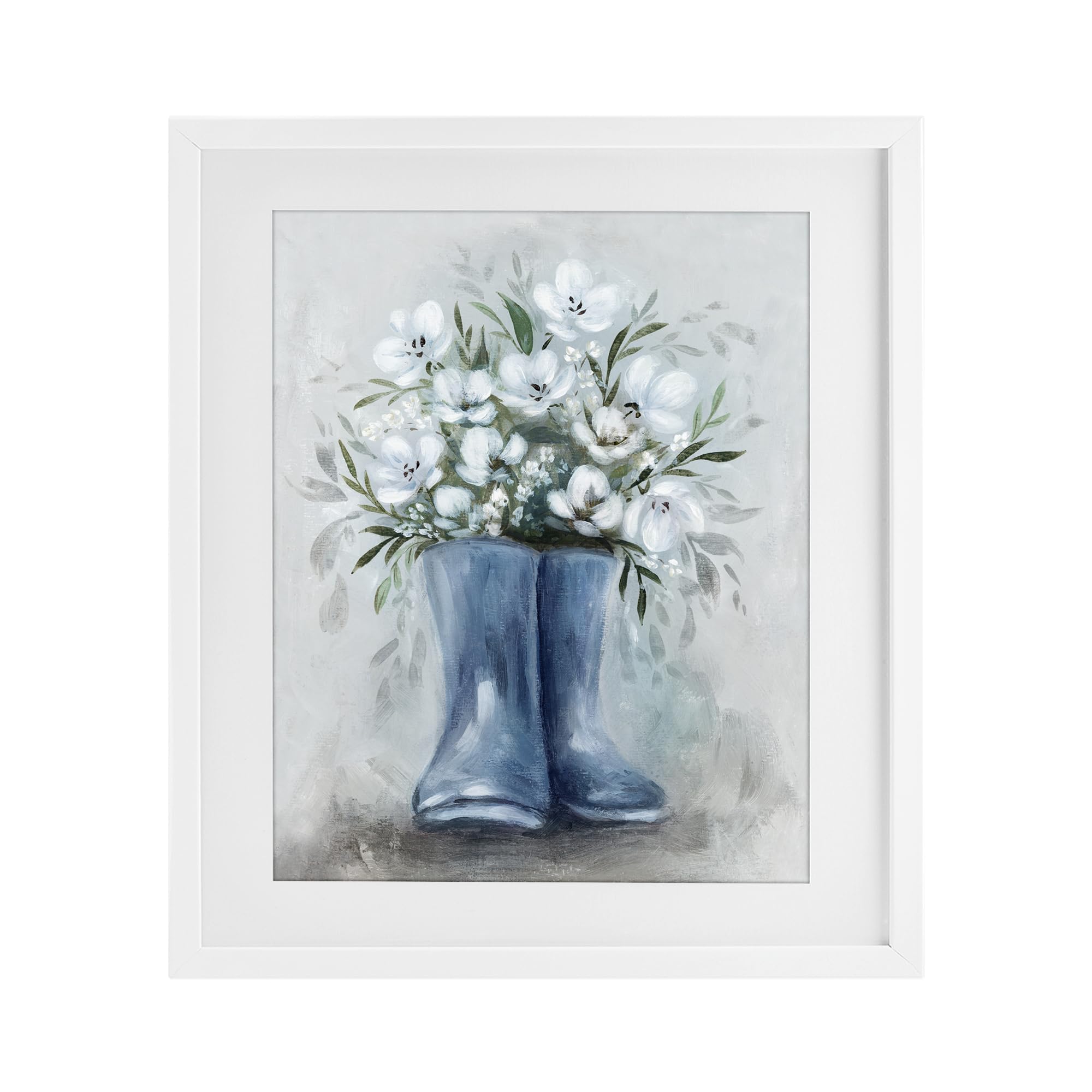 Stupell Industries Coastal White (Textured) 'Botanical Bouquet In Blue Boots'| Framed Print Under Glass