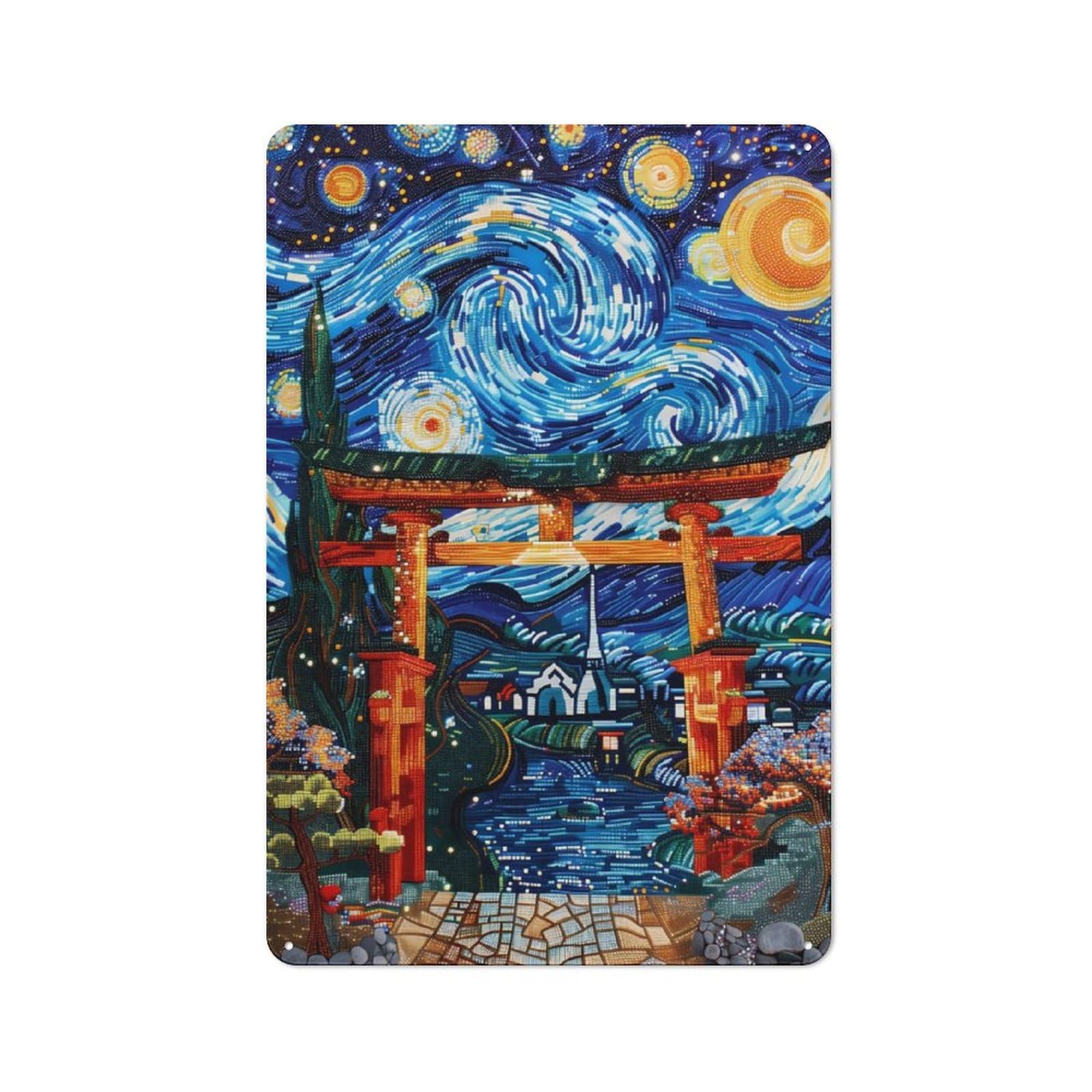 Junmoney Torii Gate Stary Night Art Rustic Tin Sign 30X20cm For Living Room Or Hallway, A Metal Wall Feature For Living Rooms And Hallways