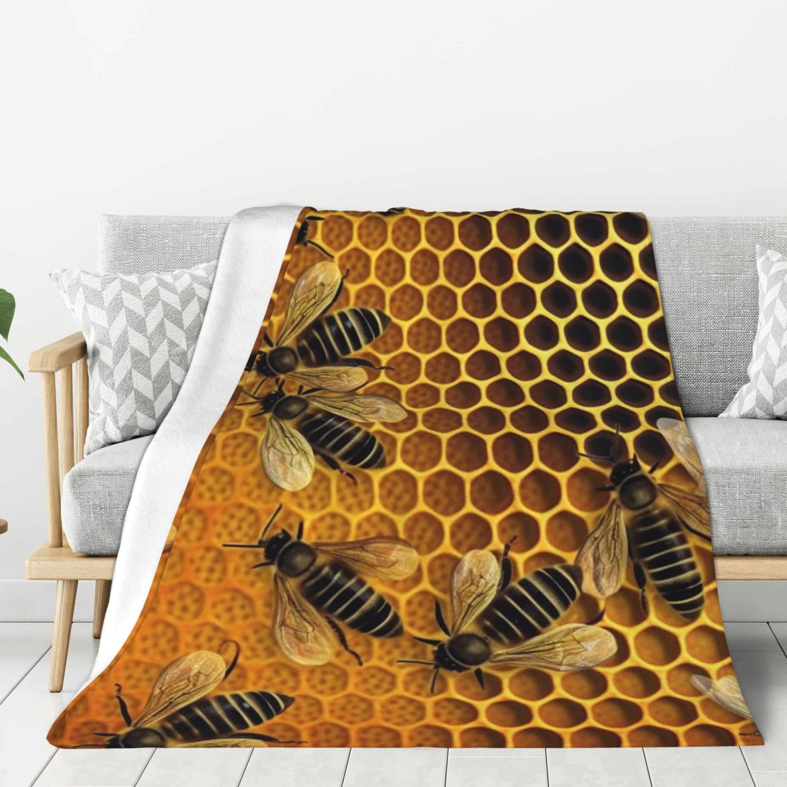 Bees On Hive Throw Blanket Plush Flannel Fleece Blanket, Soft Lightweight Cozy Blankets 60"X50" for Bed Couch Sofa Travel