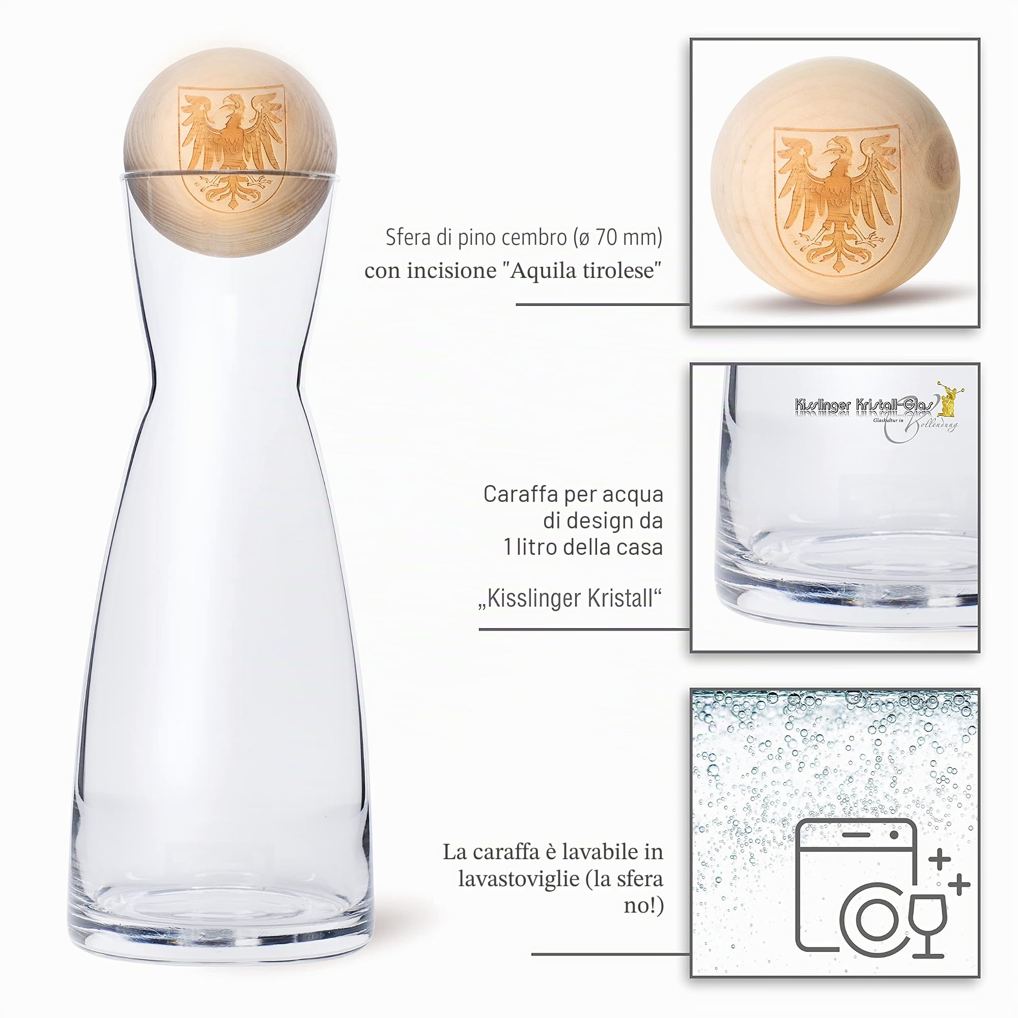 Zirben Familie® Il set originale di palline di pino cembro con caraffa per acqua | dona all'acqua un tocco speciale | 1 litro di caraffa in vetro di cristallo con coperchio in legno di cembro |