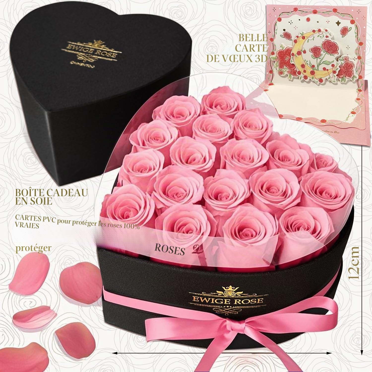 17 Roses Infinity, Roses Roses Éternelles en Cadeau pour Femmes, Rose Conservée en Boîte en Forme de Cœur pour Femme, Mère, pour Anniversaire, Anniversaire de Mariage, Saint-Valentin, Fête