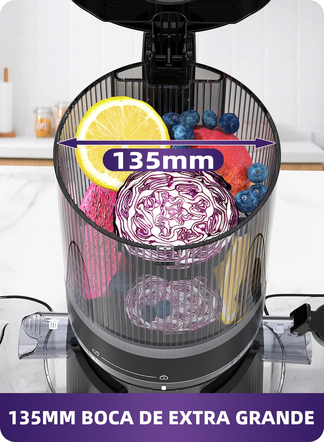 ACOQOOS Extractor de Zumos y Verduras con Tubo de Alimentación Ancho de 135 MM y Capacidad de 1,8 L, Licuadora Prensado en Frio para Frutas y Verduras Enteras, Negro