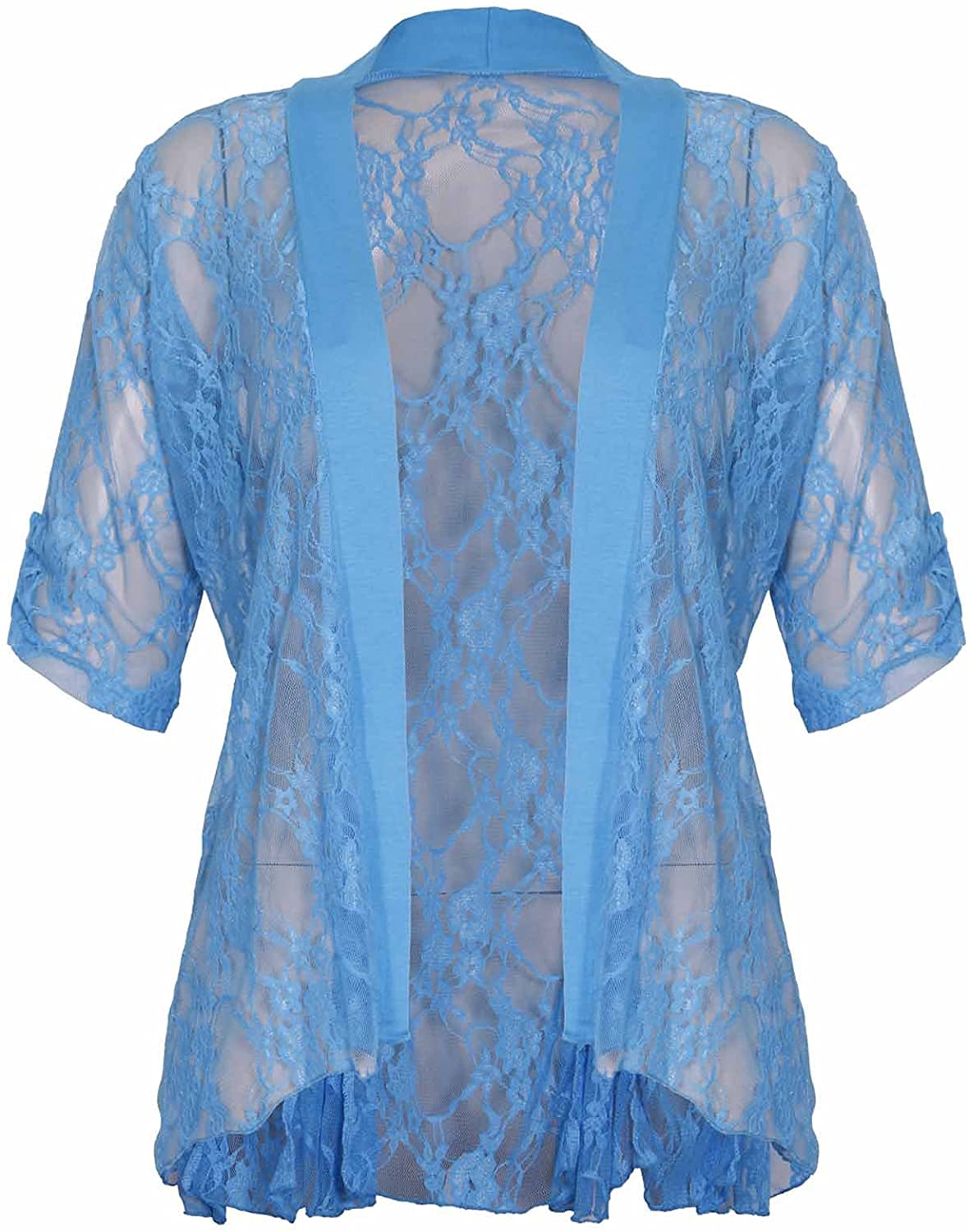 STAR FASHION New Ladies Sheer Shrug Top Cuff Sleeve Open Front Waterfall Design Floral Lace Two Button Kimono Cardigan Top for Woman (Turquoise)