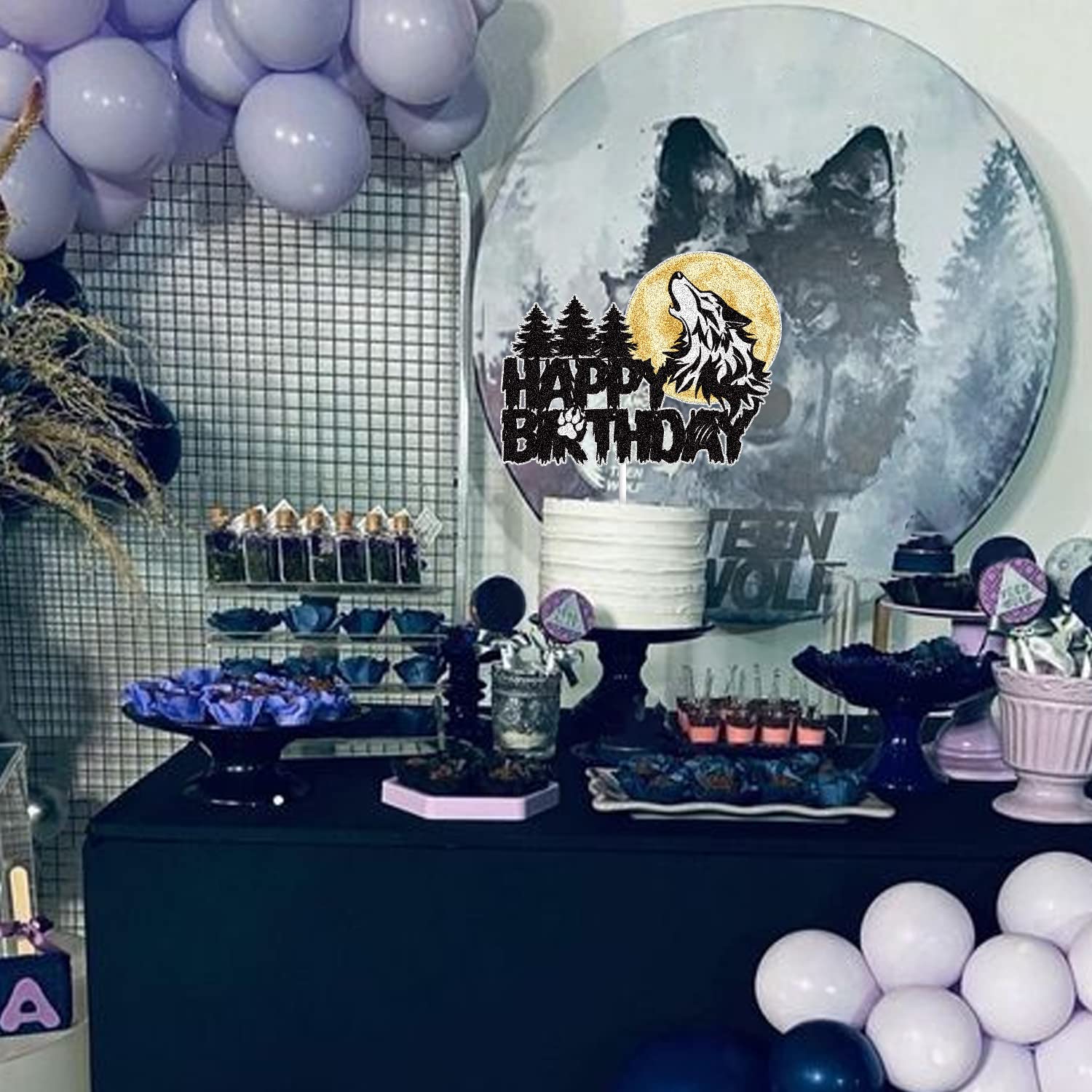 Sleyberoy Wolf Happy Birthday Cake Topper - Timberwolf Glitter Full Moon Party Decor