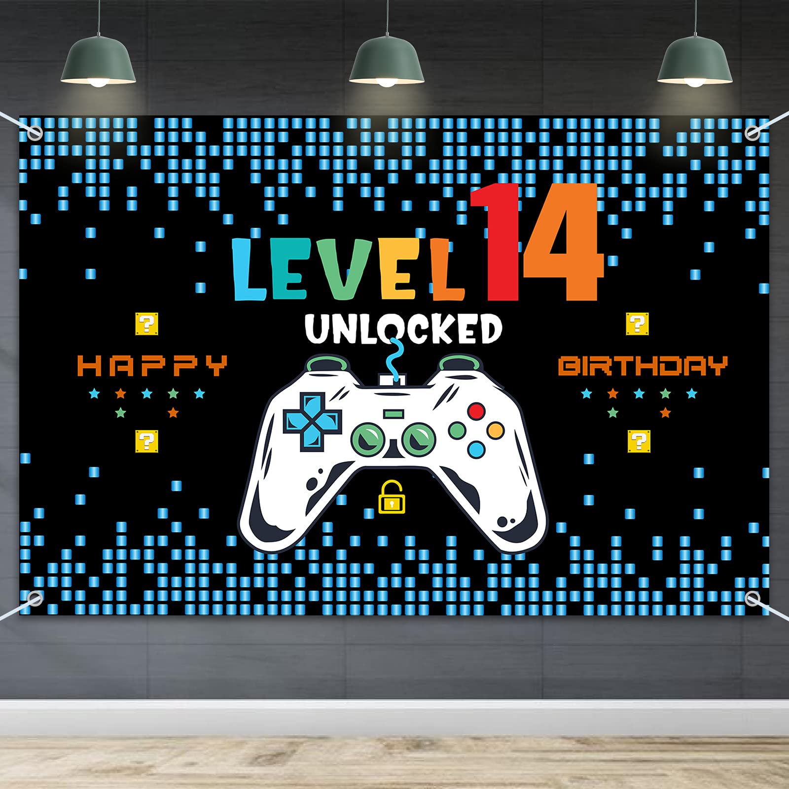 HAMIGAR 6x4ft Happy 14th Birthday Baner Backdrop - Level 14 Unlocked Birthday Decorations Party Supplies for Boys - Blue