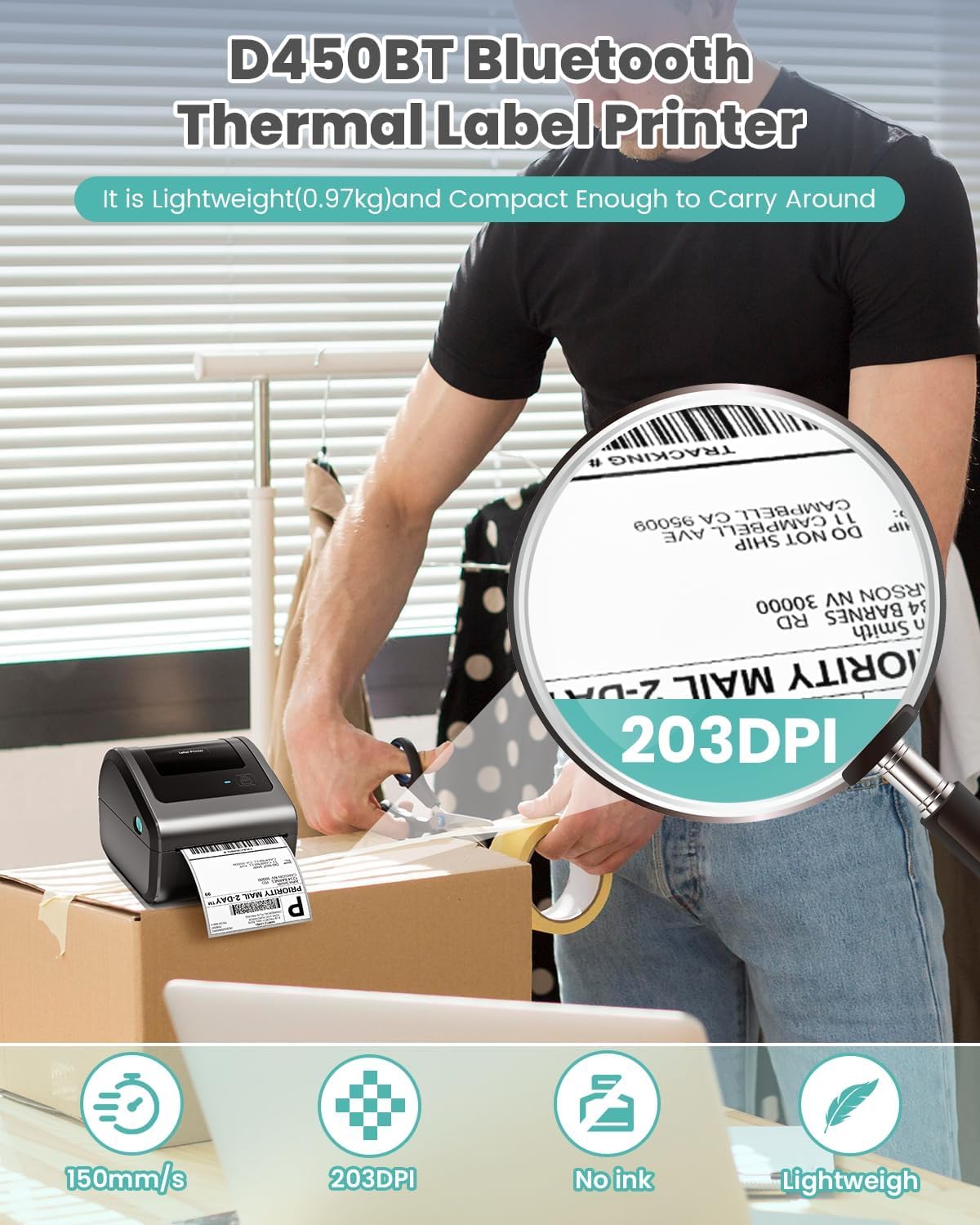 Phomemo Bluetooth Etikettendrucker DHL, D450BT Versandetiketten Drucker Wird mit 3 Rollen à 250 Etiketten im Format 4 x 6 Zoll, Labeldrucker Kompatibel mit Amazon, DHL, Vinted, Etsy, UPS, FedEx, DPD