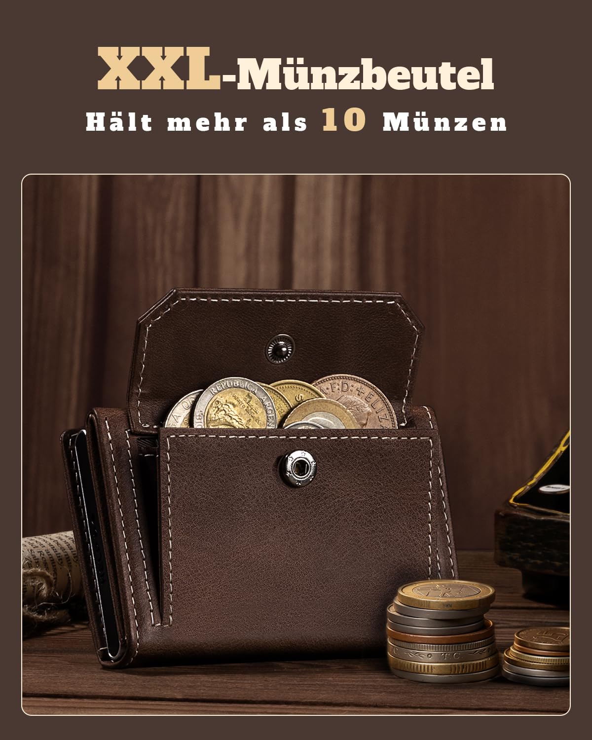 DODENSHA MagSnap Geldbörse Herren I Slim Wallet mit XL-Münzfach für 10+ Münzen I Kreditkartenetui Geldbeutel Herren für 10+ Karten I Magnetischer Verschluss Geldbörse I RFID Schutz I Braun Silbrig