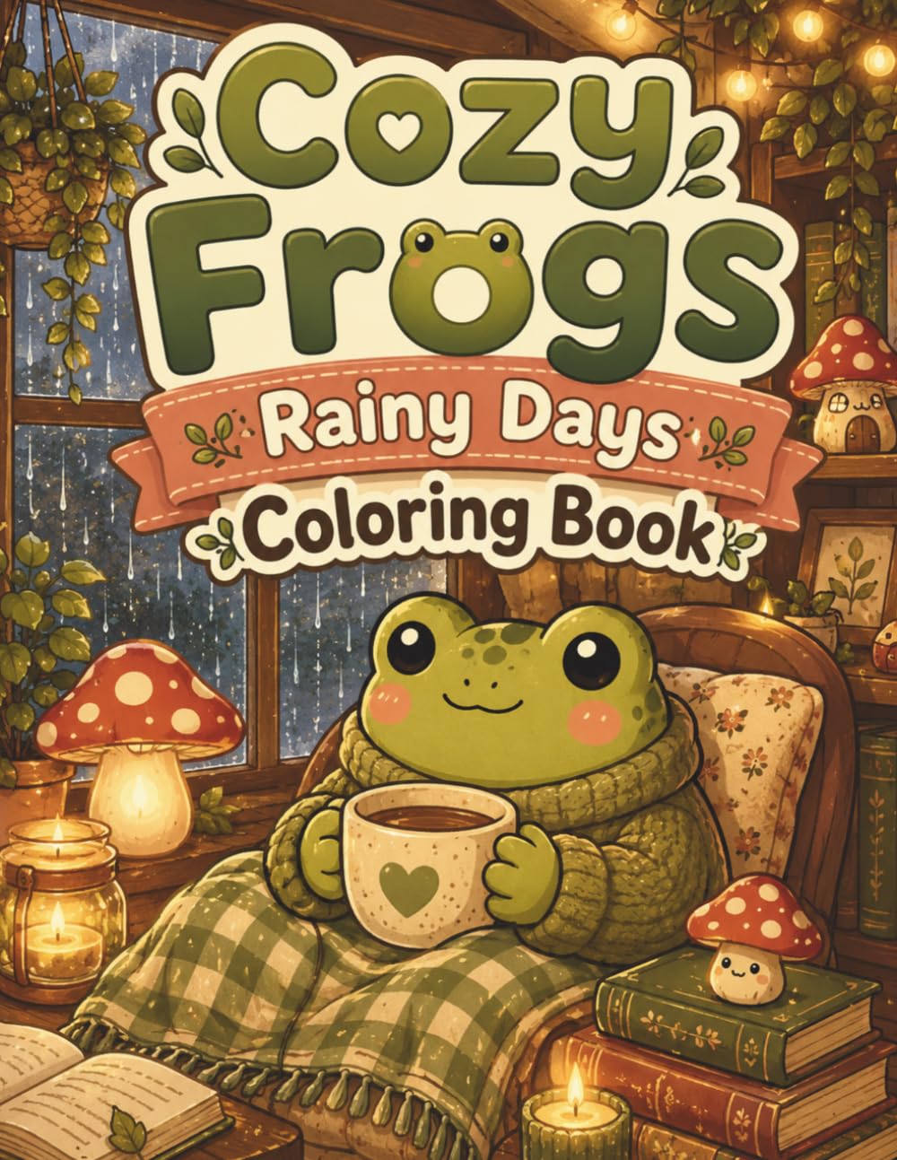 Cozy Frogs Rainy Days Coloring Book: Bold and Easy Cute Frog Coloring Pages with Rainy Windows, Tea Time, Cozy Reading Nooks, Mushroom Houses, and Relaxing Cottagecore Scenes for Teens and Adults