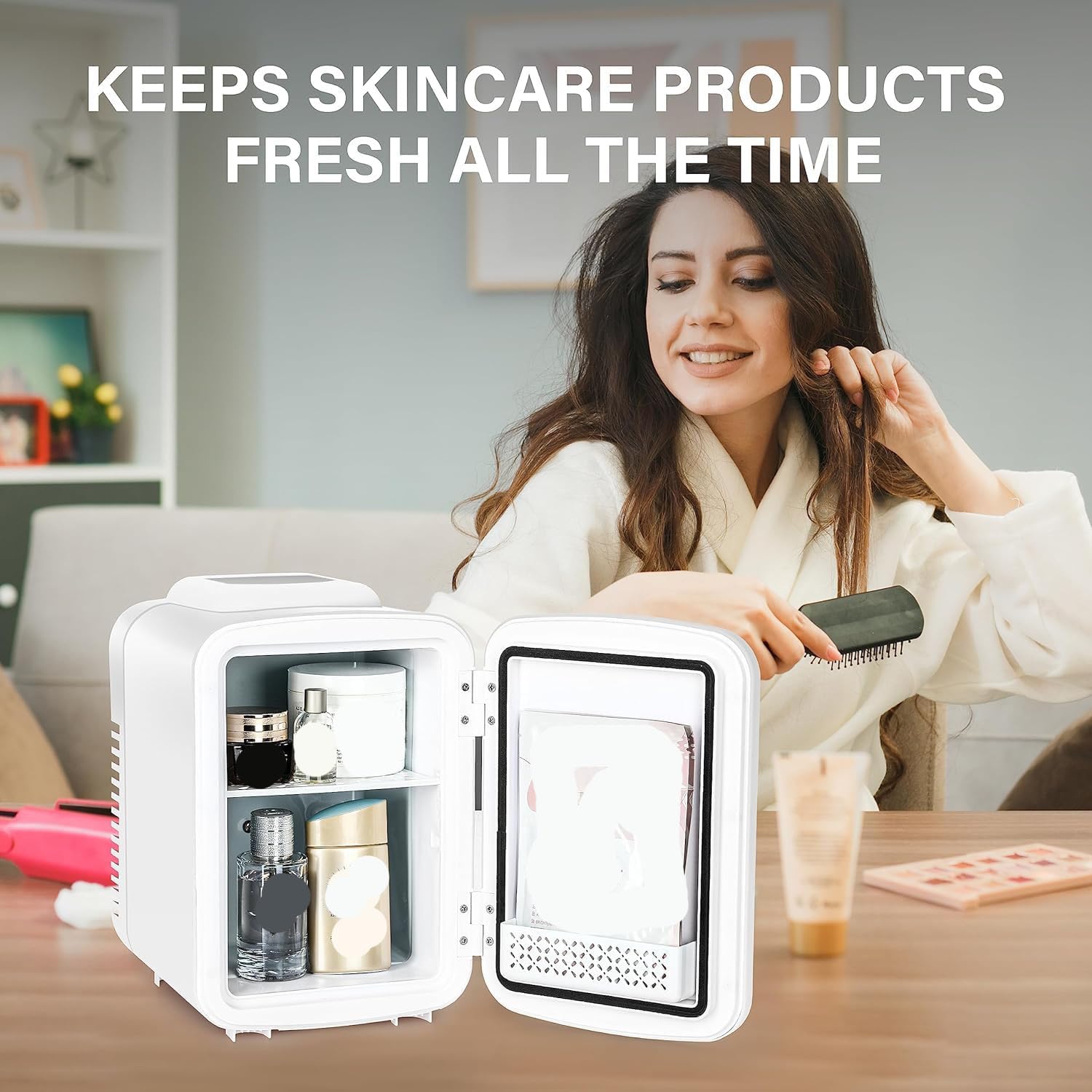Mini frigorifero, 4L/6 lattine, refrigeratore portatile e scaldino senza freon, piccolo frigorifero per la cura della pelle, bevande, cibo, cosmetici, per camera da letto, ufficio