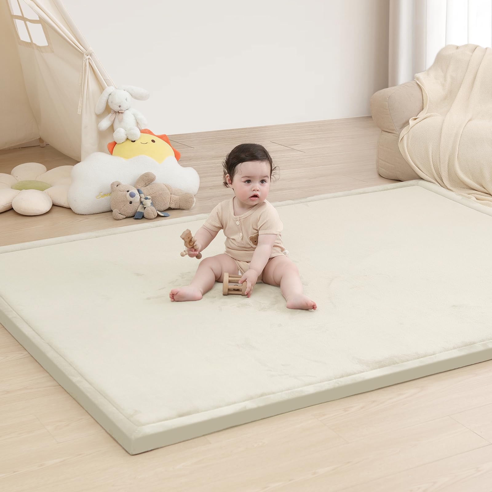 Baby Play Mat for Floor,1.3" Thick Memory foam Tummy Time Mat for Toddlers,Infants,kids,Water-Repellent Soft Nursery Rug,Extra Large Non Slip for Crawling&Yoga,Tatami Style for Living Room(Cream) — image 1