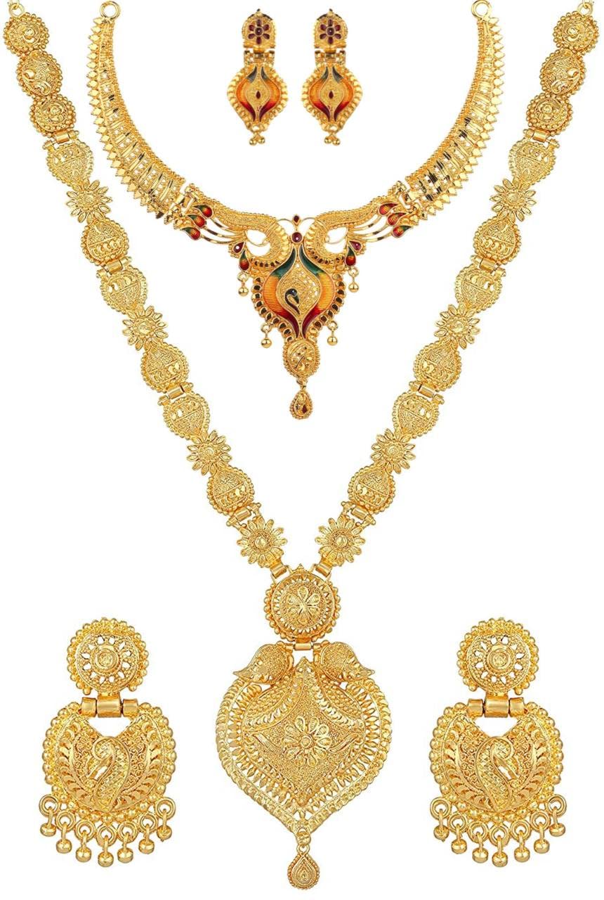 Latest Stylish Design Gold Plated Traditional Long Necklace With Short Necklace for Women (Gold) - DIGE_101