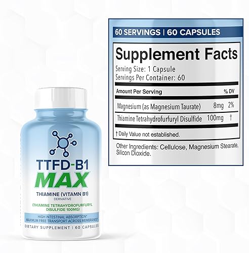 Miniatura 2 de TTFD Suplemento de tiamina B1 60 cápsulas fabricadas en Estados Unidos - Tiamina TTFD Vitamina B1 MAX, suplemento de alta potencia para energía y