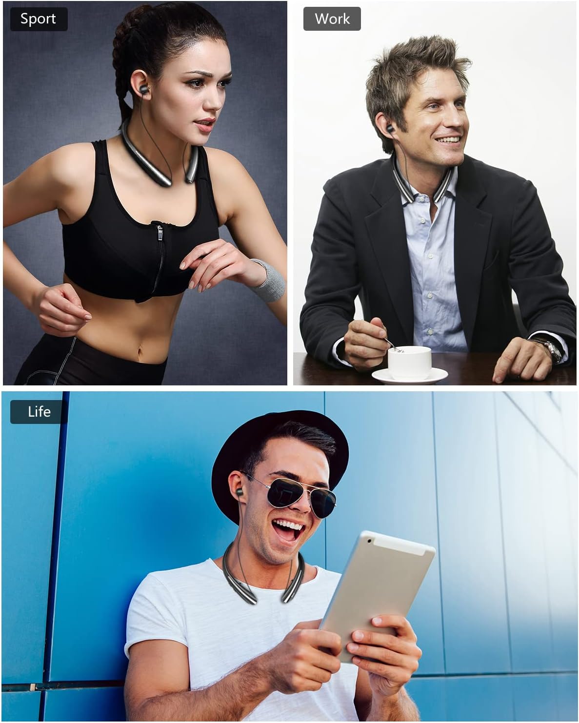 Bluenin BBH-919s Bluetooth Headphones,Bluetooth Wireless Neckband Headphones with Retractable Earbuds,Sports Sweatproof Headset CVC 8.0 Noise Cancelling StereoEarphoneswithMic (Black)