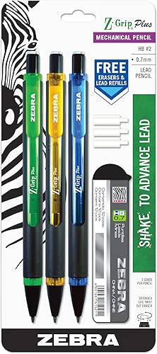 Zebra Pen Z-Grip Plus Portaminas de 0.028 in, con mina y borradores, colores surtidos de barril, verde, amarillo, azul, paquete de 3 (55403)