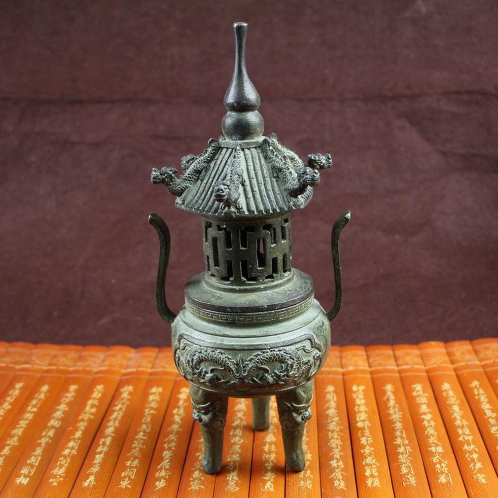 Pagoda de incienso artesanal de bronce antiguo LH Antigüedades para decoración