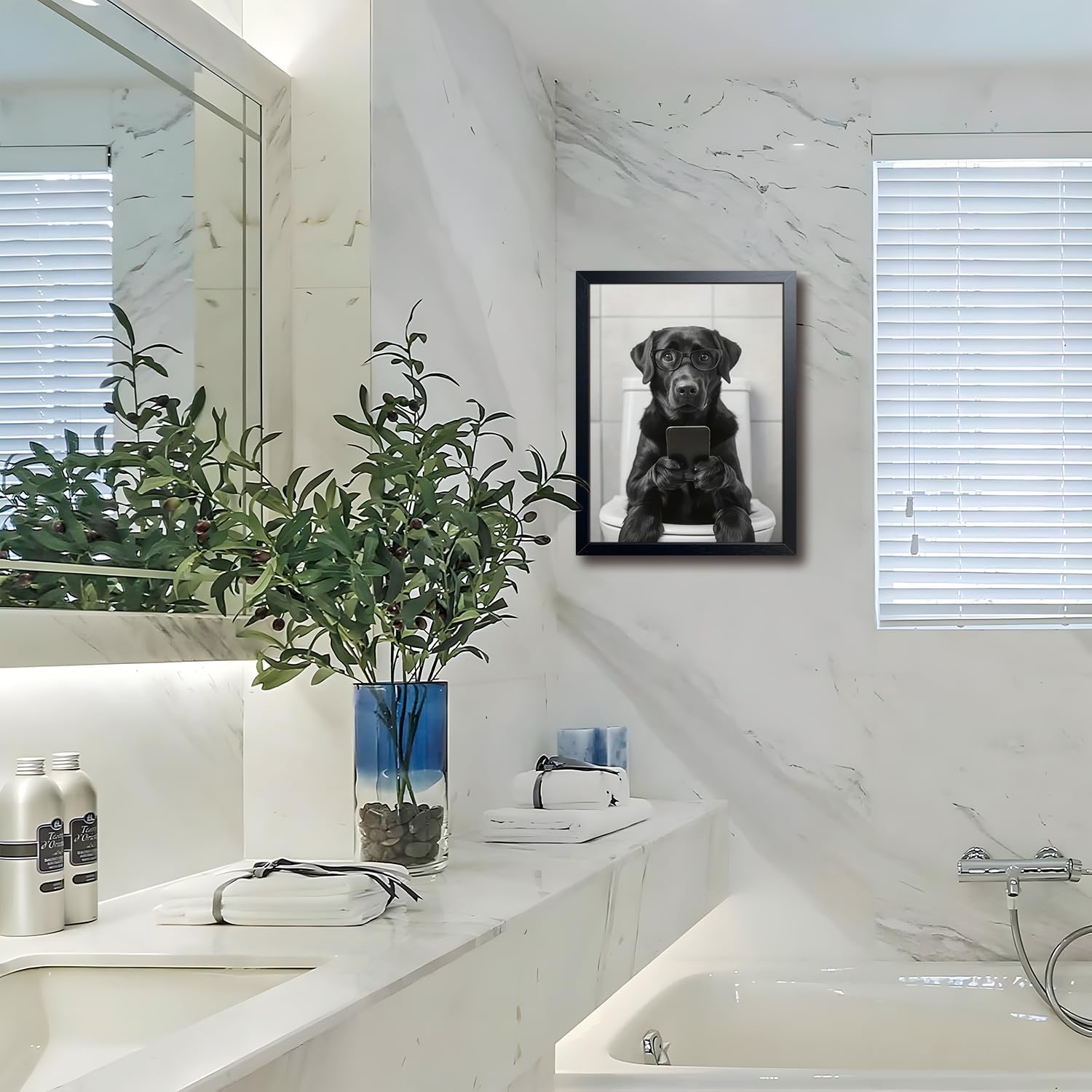 Black and White Bathroom Wall Art, Funny Labrador Dog Canvas Prints Poster, Cute Animal Sitting on Toilet Looking at Phone Picture, Modern Farmhouse Restroom Bathroom Home Wall Decor 12x16 Inch Framed