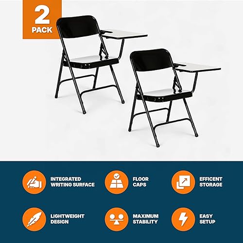 Miniatura 8 de OEF Furnishings Silla plegable con brazo para tableta zurdo, negro (paquete de 2) - Acero resistente de calibre 18, capacidad de 500 libras,