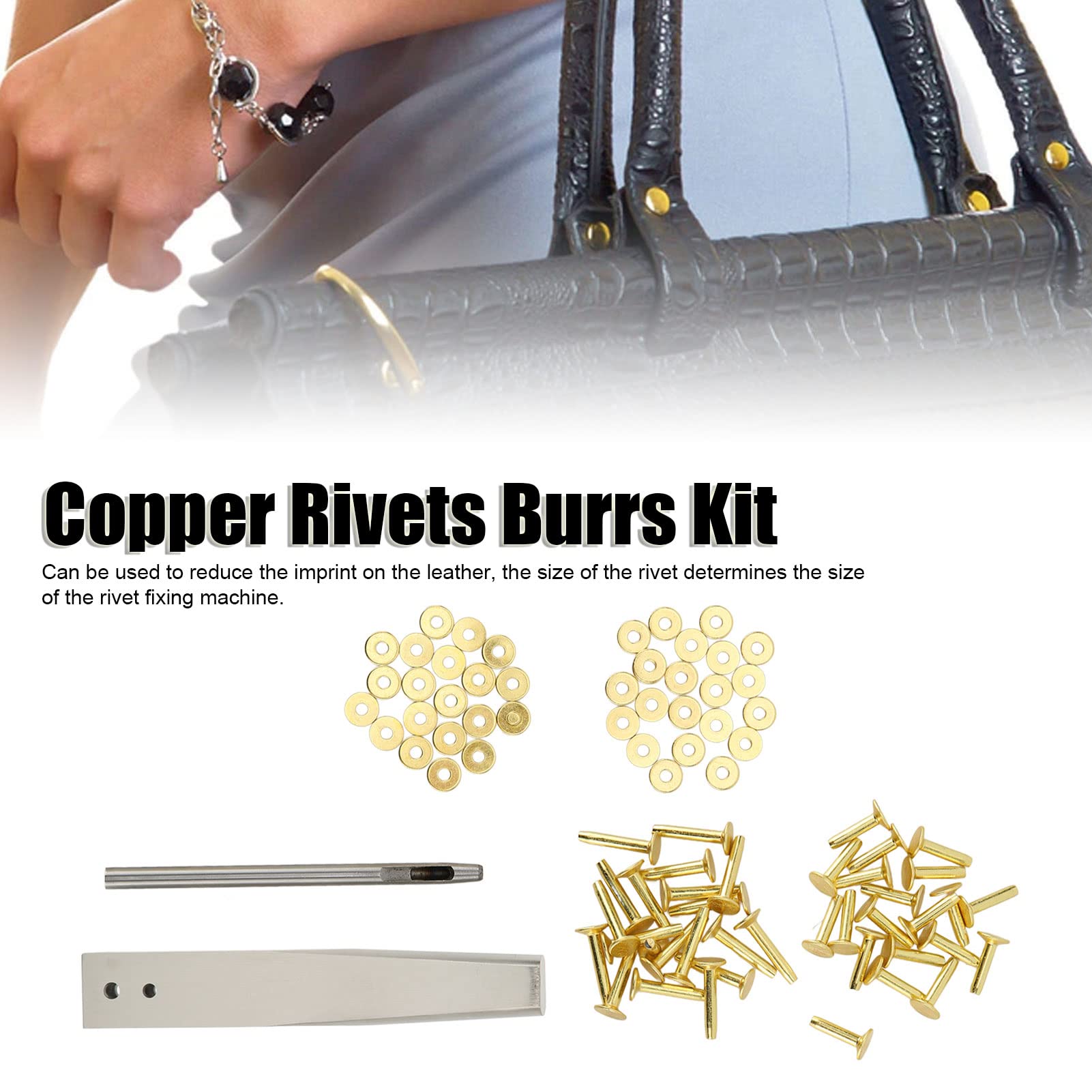 Copper Rivets for Leather, with Burrs, 3.5mm Leather Punch Set, Burrs Setter, Leather Punch Set, for Jeans, Jacket, Clothing, Bag, Belt, Strap, Wallets, Crafts Making Fasteners Kit(Gold)