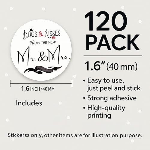 Miniatura 3 de 120 calcomanías para despedida de soltera con texto en inglés "Hugs and Kisses from the New Mr and Mrs", 1.6 pulgadas