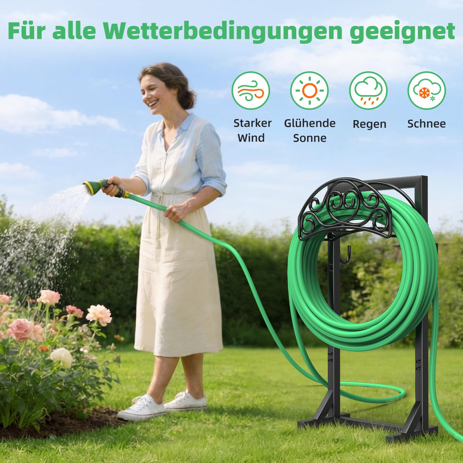 Soporte para manguera de Jardin de 109,5 cm, Soporte para Manguera de Riego de 45 m, con 2 Ganchos para Herramientas y 4 Puntas de Anclaje, Soporte e Independiente para el Jjardín y el Césped