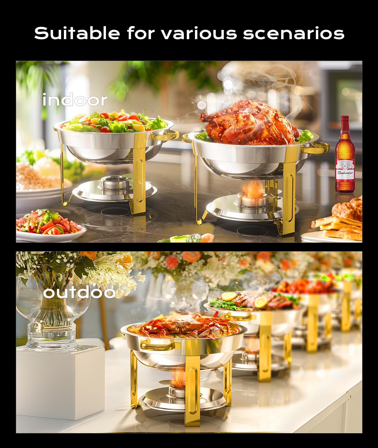 Platos para rozaduras para bufé [acero inoxidable de grado alimenticio] [calentador de alimentos] [protección de dedos] Servidores de buffet y calentadores para fiestas, bodas, picnics,