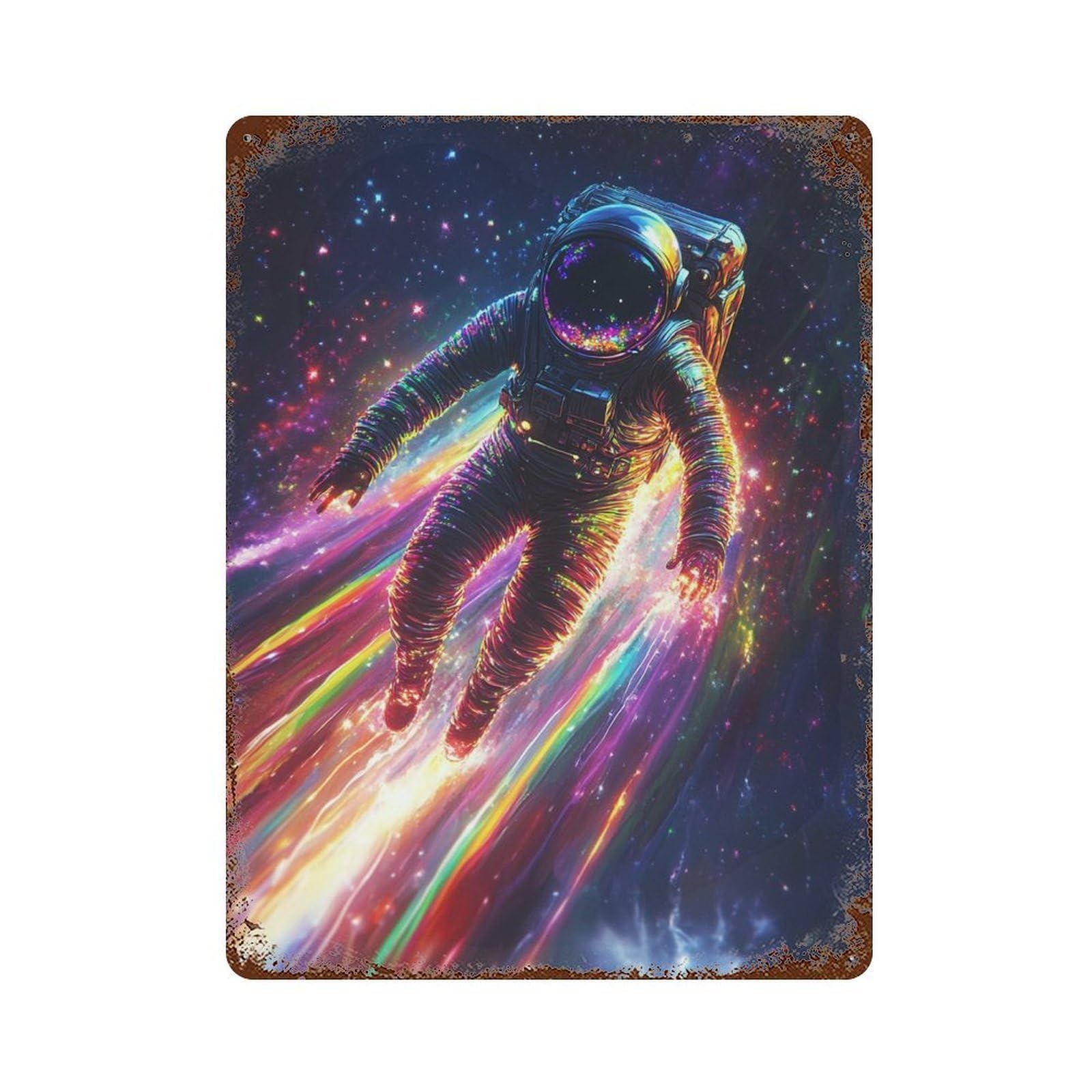 Distressed Metal Wall Sign Cosmic Astronaut Rainbow Trail 15.7"x11.8", Shabby Chic Decor for Patio, Garden Room And Bar Decor
