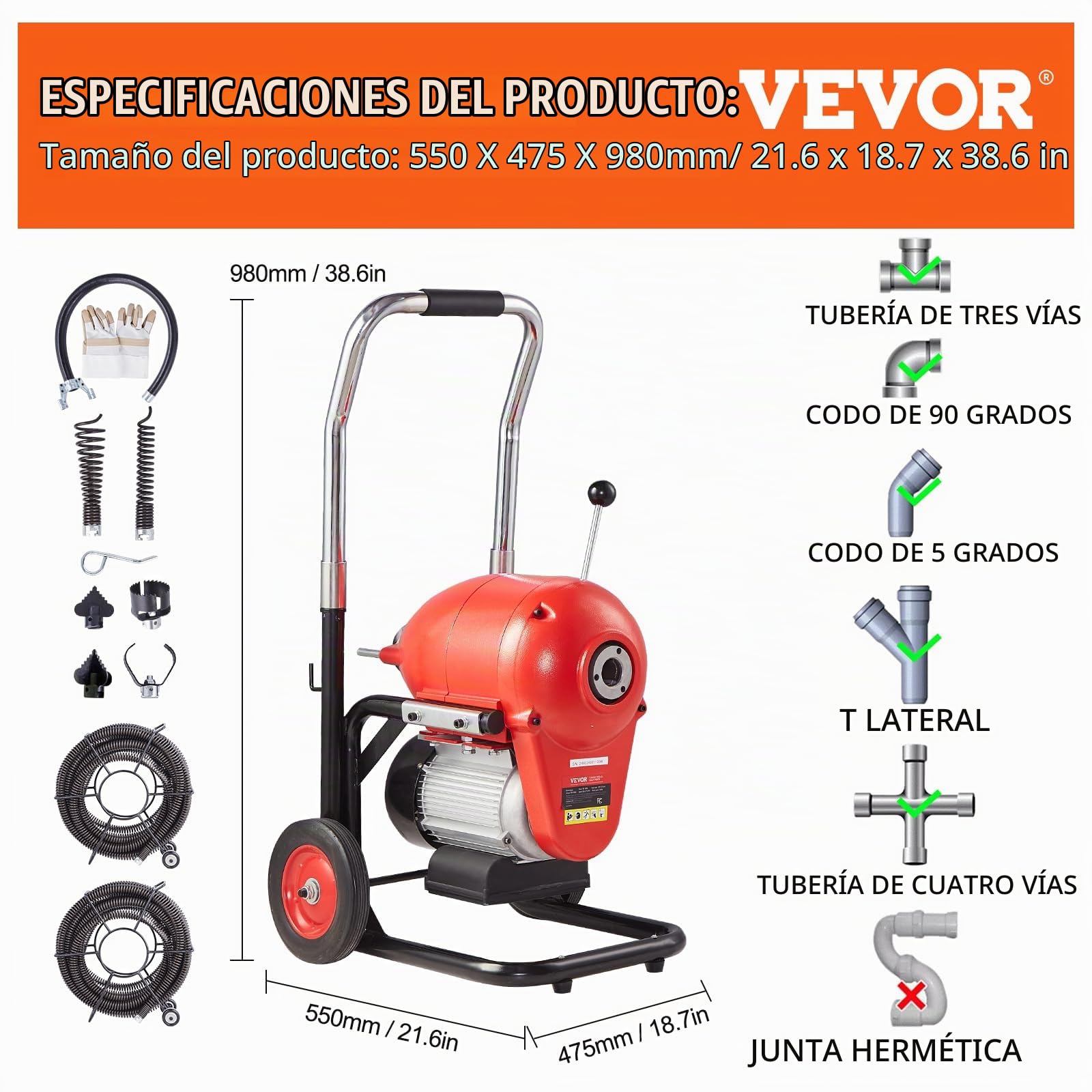 VEVOR Desbloqueador de Tuberías Eléctrico 1100 W Máquina de Limpieza de Tuberías 36,6 m x 3 cm Limpiador Manual de Tubos de Drenaje con 6 Cortadores, Control CW/CCW para Tuberías de 10-20,3 cm