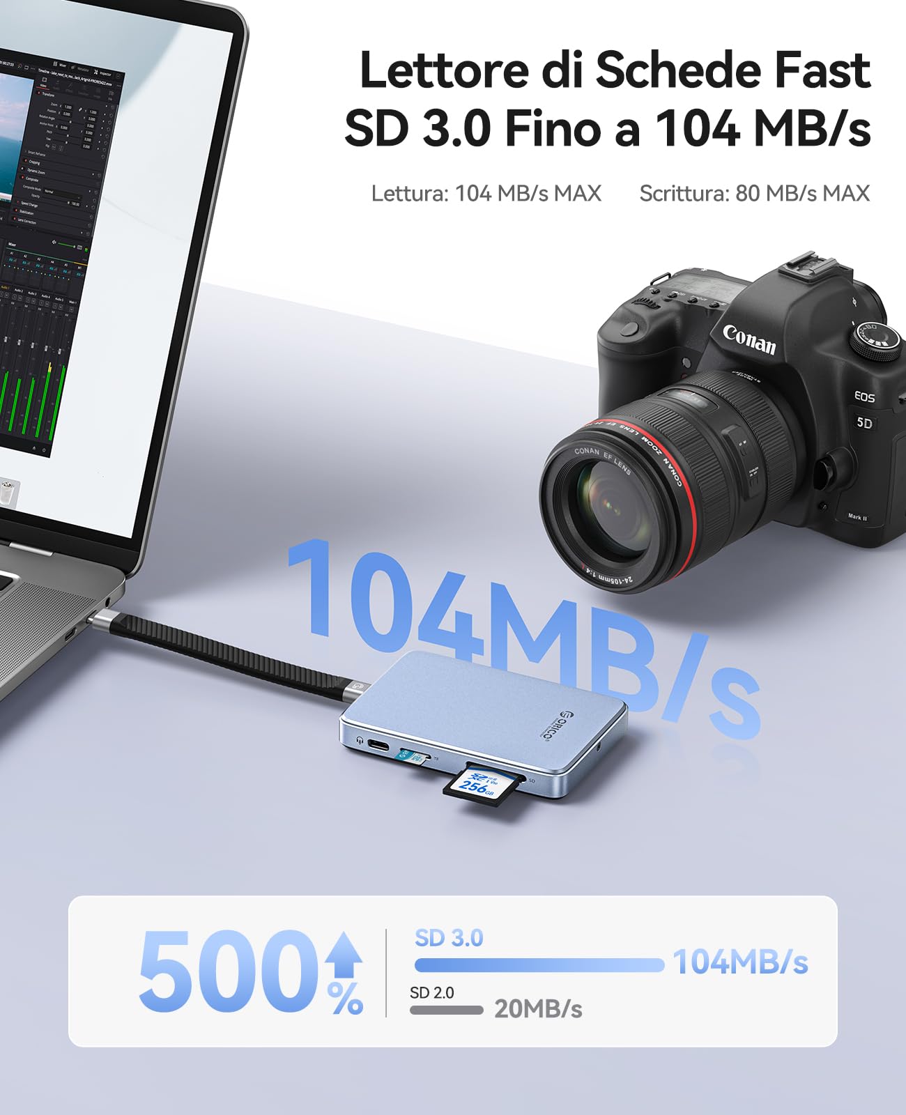 ORICO 10Gbps Magnetico M.2 NVMe SSD Case con USB-C Dock Supporta Registrazione ProRes per iPhone 17/16/15 Pro/Max/Plus TF/SD Slot PD 100W per Formati 2230/2242/2260/2280 B+M M-Key Disless AP80F Blu