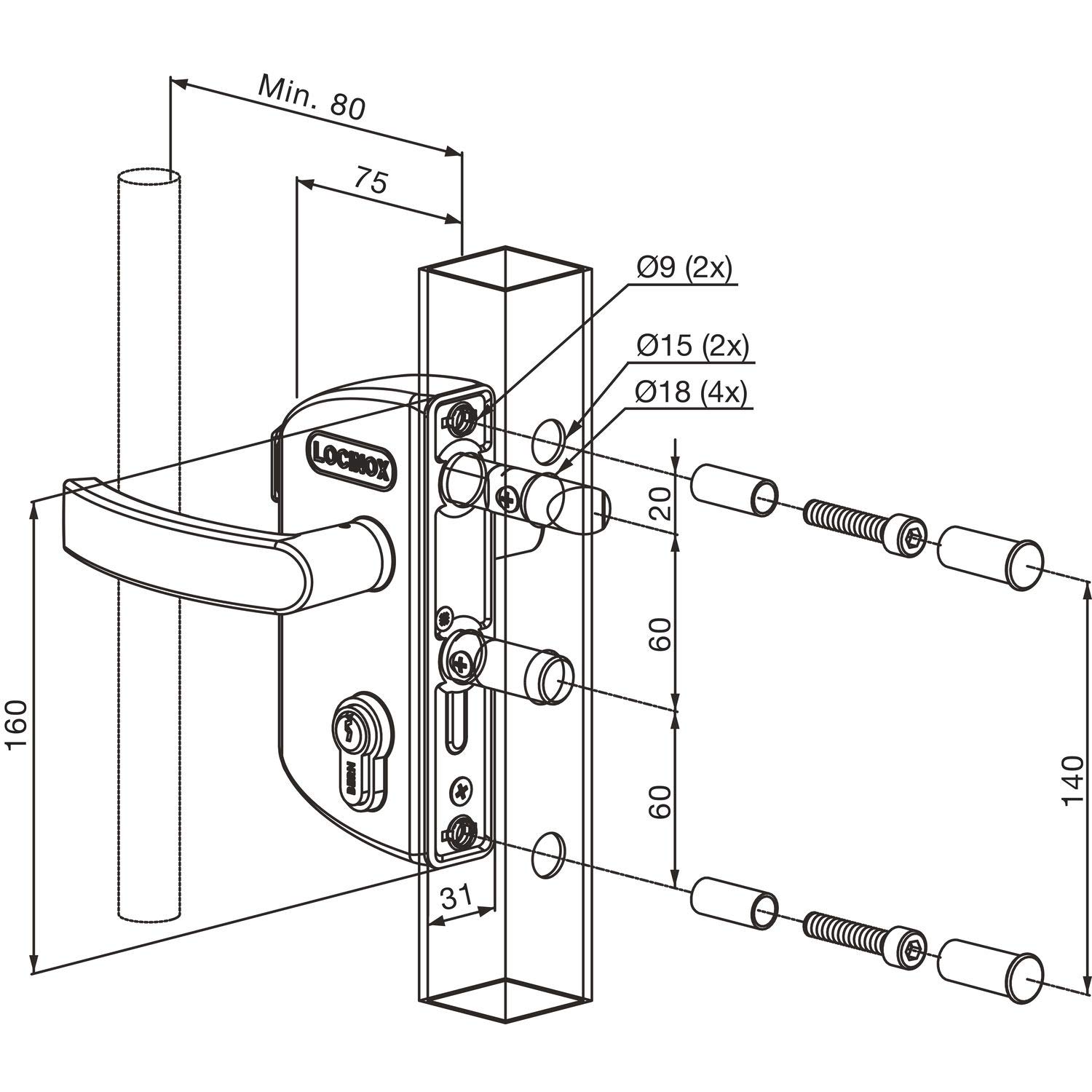 Locinox LAKZ4040P1L7040VCAP Serrure de porte à grilles LAKZ4040 P1L pour tube carré de 40 mm en aluminium RAL7040 Argenté
