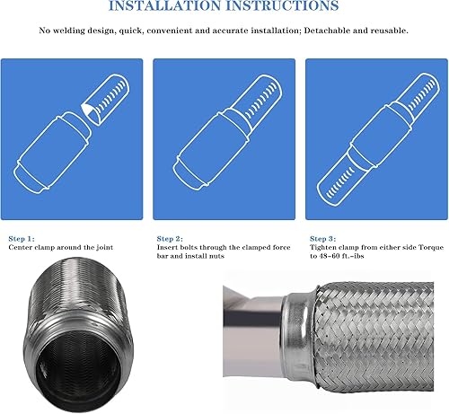 Miniatura 6 de RP REMARKABLE POWER, RK7548 Tubo flexible de escape de 2.5 x 12 pulgadas, acero inoxidable resistente, 16 pulgadas OL