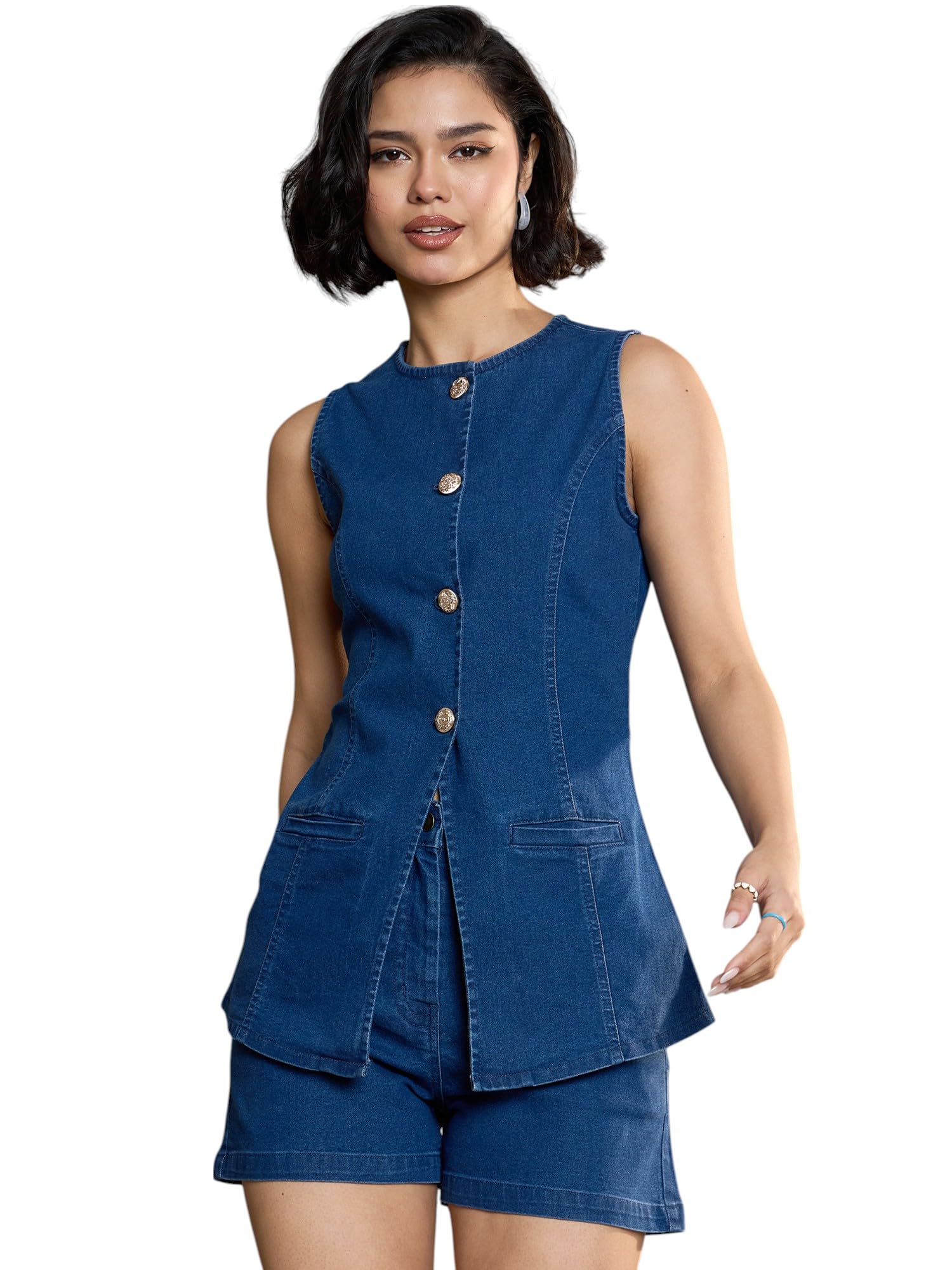 sassafras Navy Denim Front Open Sleeveless Top-picture-43