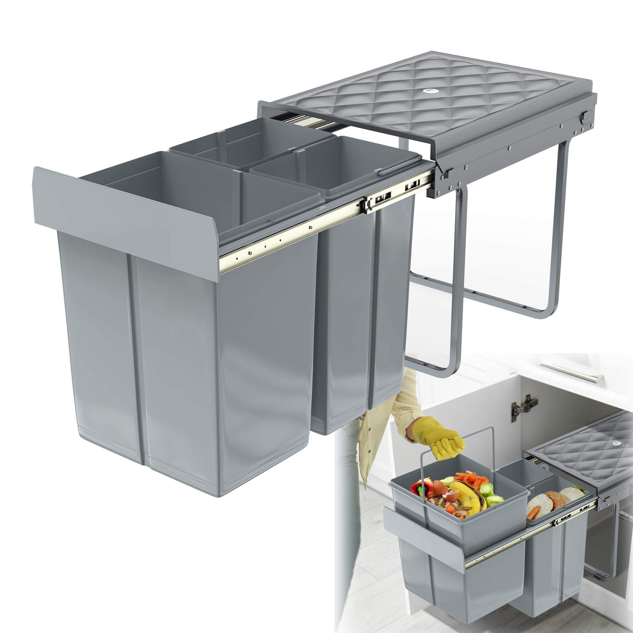 HENGMEI Einbaumülleimer Unterschrank Einbau-Mülleimer Küche Abfalleimer Ausziehbarer Abfallsammler Mülltrennsystem mit Teleskopschienen Grau(1x20L+2x10L)