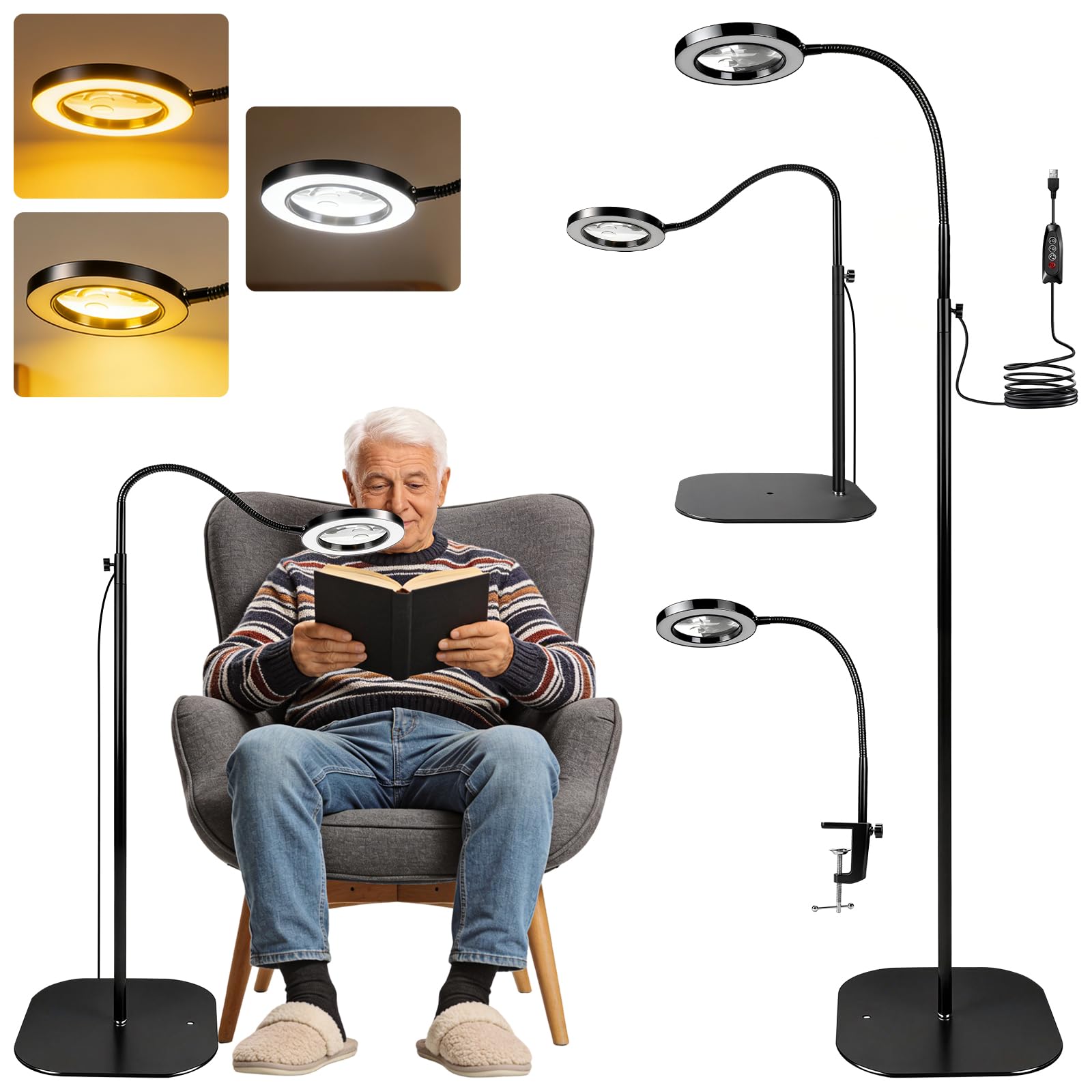 Lupa 3 en 1 con luz y soporte, 10 x 360 ° lámpara de pie LED con brazo giratorio flexible, 3 modos de color, lupa de lectura continua para personas mayores, para leer, manualidades, aficiones
