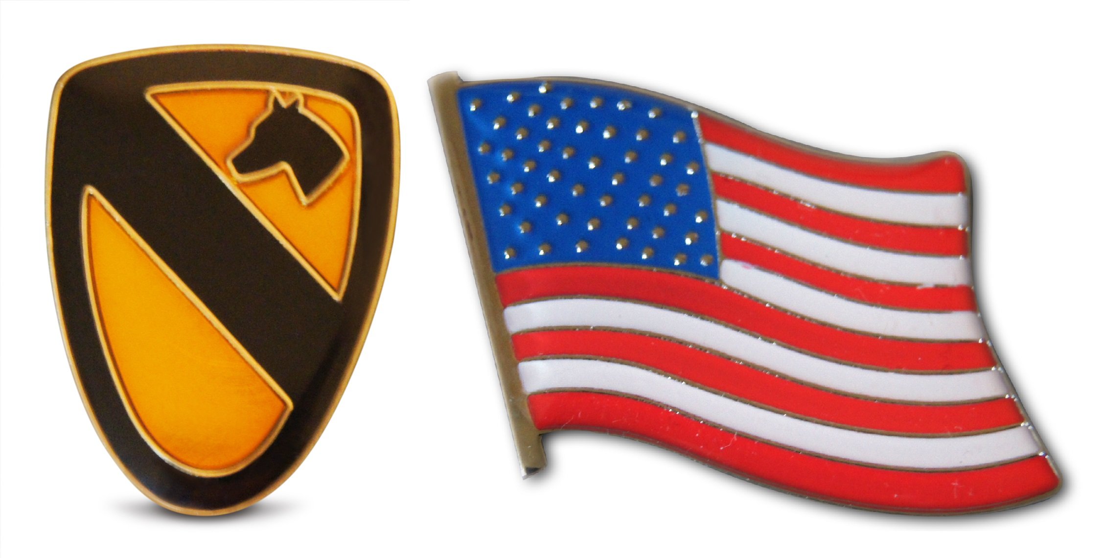 Novel MerkPatriotic U.S. First Cavalry Divison & American Flag Lapel or Hat Pin & Tie Tack Set with Clutch Back