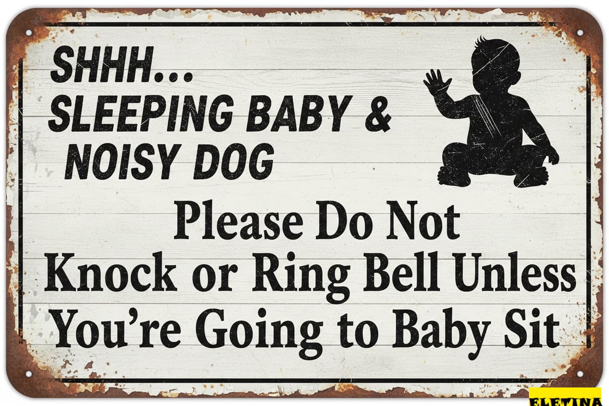 Vintage Metal Tin Sign for Man Cave Shhh Sleeping Baby Wall Plaque, 8x12 Inch, Funny Do Not Ring Doorbell Baby Room Decor