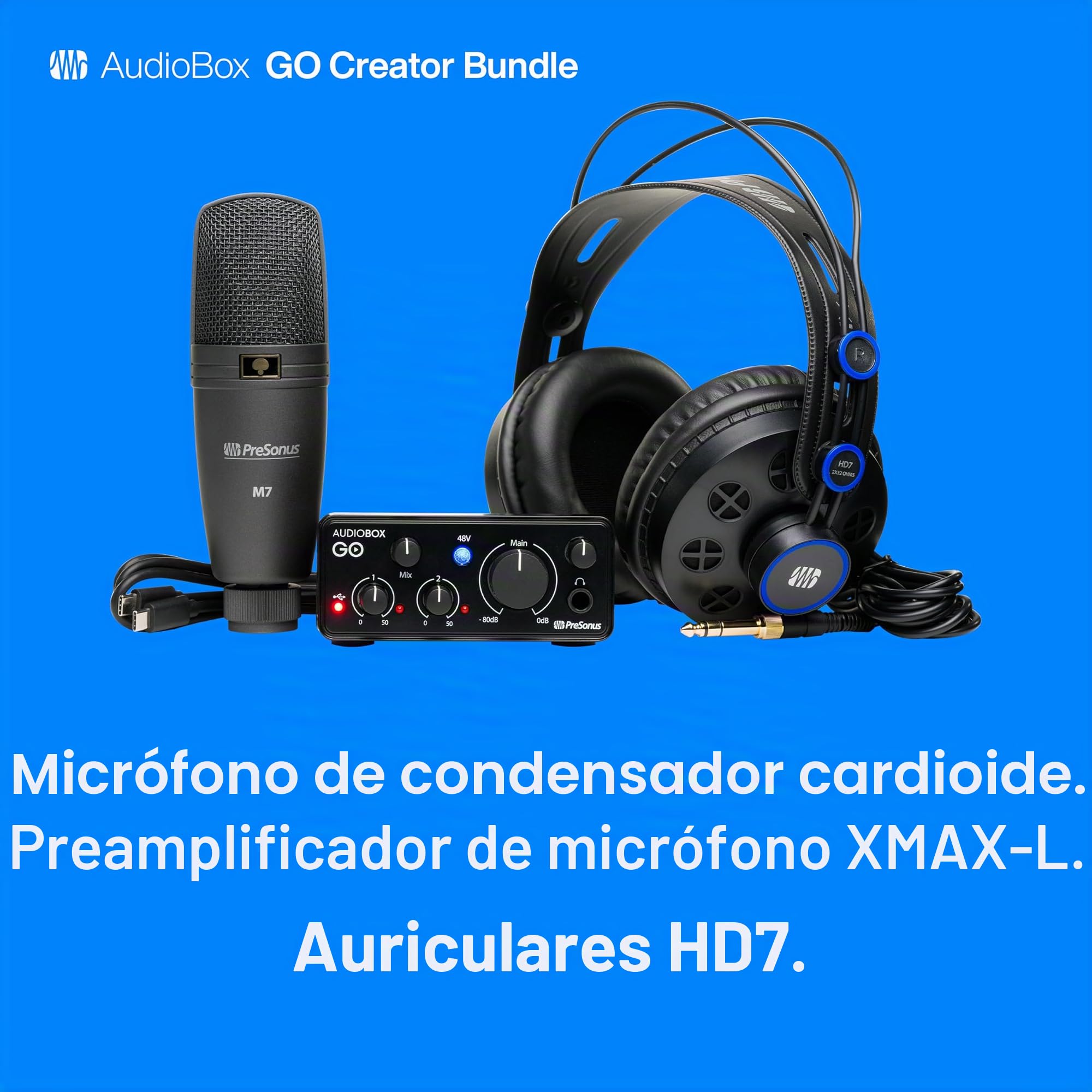 PreSonus AudioBox Go Creator - Paquete completo de grabación de estudio con interfaz de audio USB 96K, micrófono de condensador, auriculares de monitoreo profesional y software Studio One Pro DAW