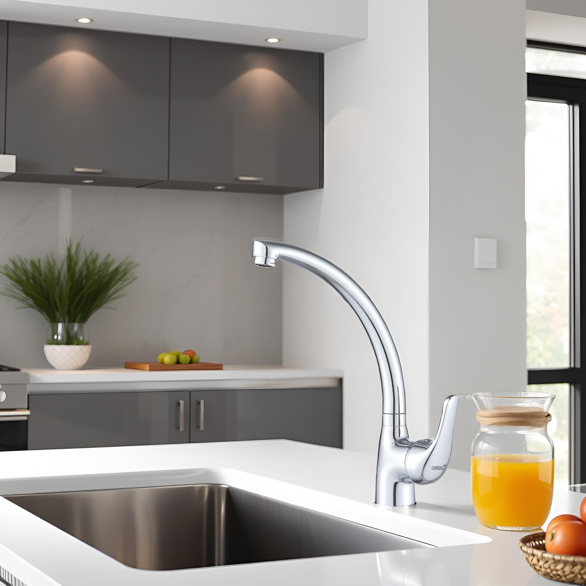 CATA Grifo De Cocina CBA CROMO/E Monomando Caño Alto Giratorio 360º Acero Inoxidable Aireador Anticalcáreo Cartucho Cerámico Apertura En Frío Reductor Caudal 5L Conexión Flexible Acabado Inox