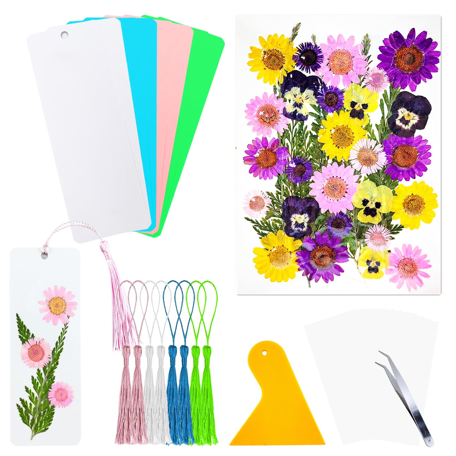 Cardstock Blank Bookmarks Set, 8 Pcs DIY White Craft Bookmarks For Pressed Flowers, Dried Floral Book Mark Making Kit With Pressed Flowers, Tassels, Book Marks For Dried Floral (Yellow Colour