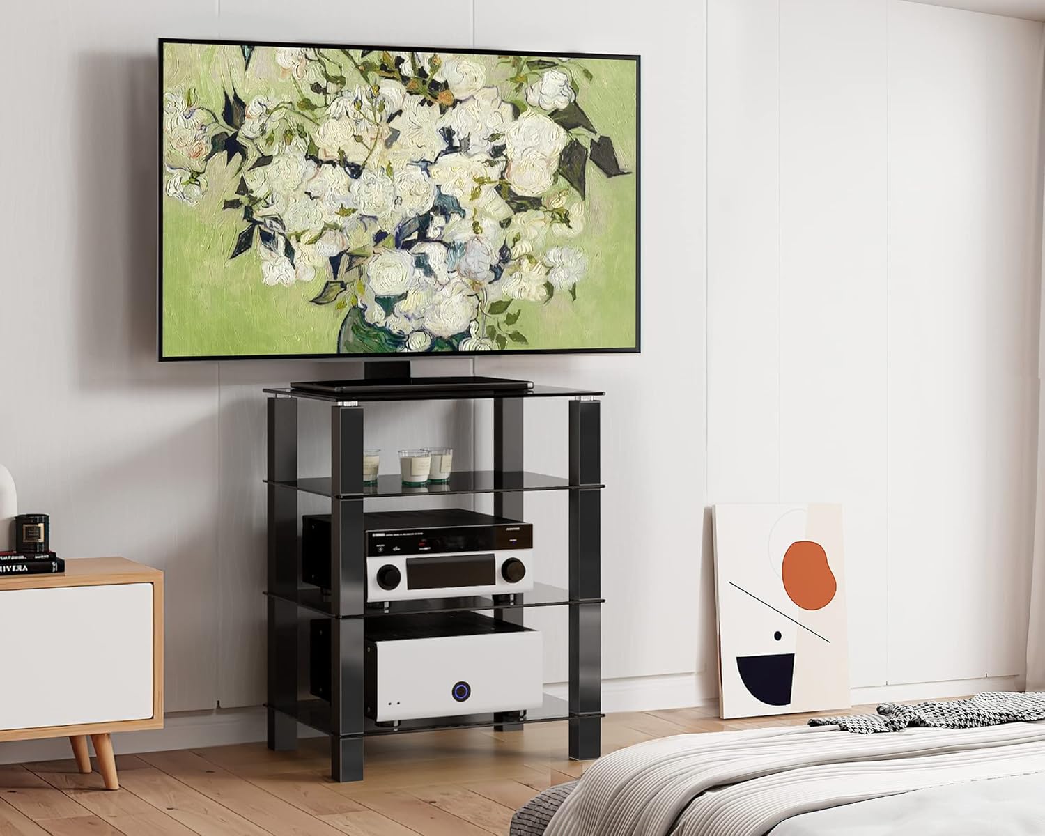 FITUEYES Supporto HIFI con 4 Ripiani in Vetro Nero, Rack HiFi ad Altezza Regolabile, Mobile Giradischi 60 × 46 × 77 cm, Carico 40 kg, per Amplificatore/Giradischi