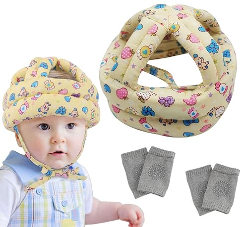 Casco de seguridad para bebé+2 pares de rodilleras para gatear, suave y cómodo, ajustable, para la cabeza del bebé, rodilleras antideslizantes para