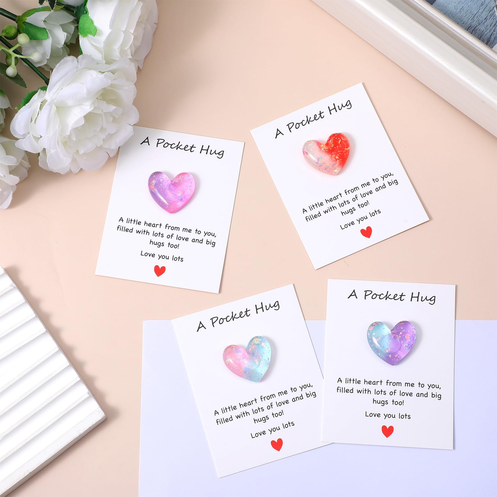 Nogeqi 8 Pcs Pocket Hug Resin Heart with Greeting Cards Thinking of You Gifts, Long Distance Relationship Gifts I Love You for Him Her, Pocket Hugs for Friend Boyfriend Girlfriend Family