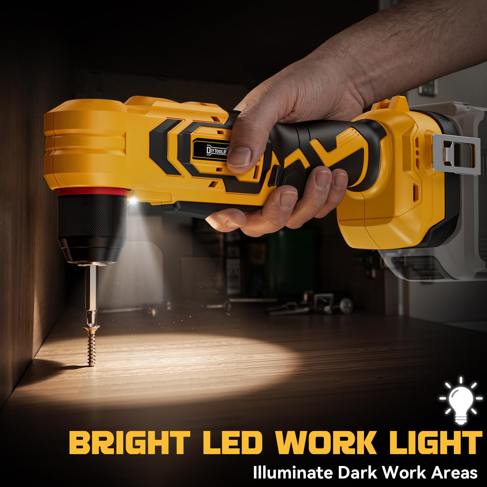 DIYtoolifz Trapano ad angolo retto senza fili compatibile con batteria Dewalt da 20 V, trapano angolare da 1 cm con motore brushless, 45,19 N·m, 2 velocità e luce LED, compatto per spazi ristretti