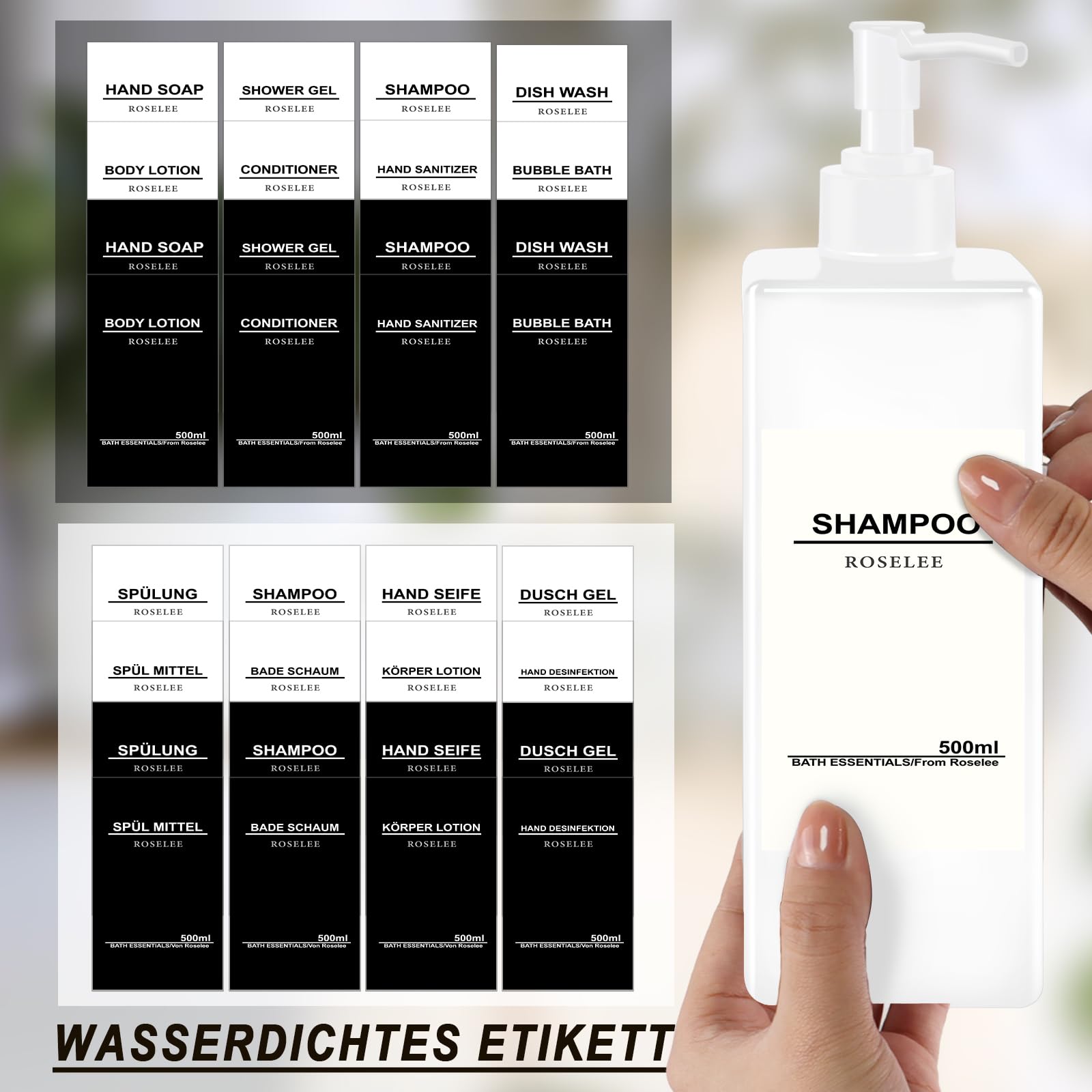 Set 3 Dispenser Sapone Da Muro Senza Forare - Capacità 500 Ml, Con Etichette, Per Bagno, Doccia E Cucina - Nero - Foto 5