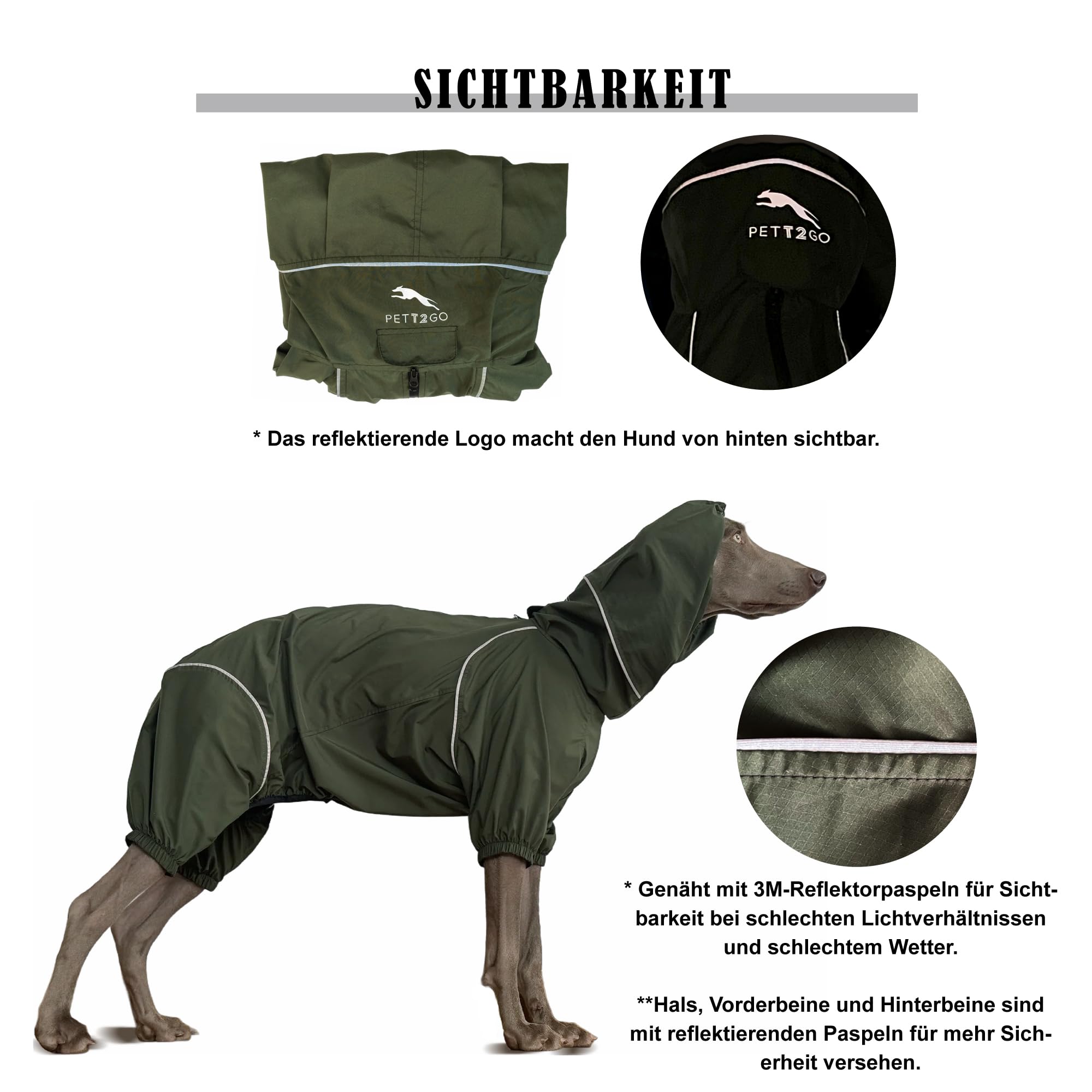 Windjacke, leicht, für Hunde, Mantel mit Beinen, mit Kapuze, Loch für Leine, reflektierend, kompakt – Dunkel Olivgrün-XL (Rüde)
