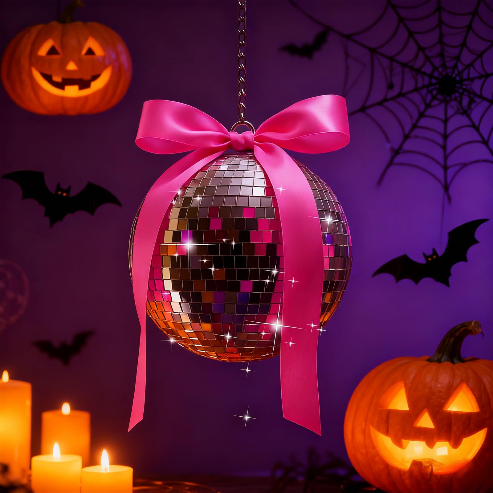Suncalla Lustrzana kula dyskotekowa z różową kokardką, na Halloween, wisząca ze srebrnym drutem, retro, dekoracje na scenę domową, imprezy panieńskie, urodziny, ślub, 18 cm