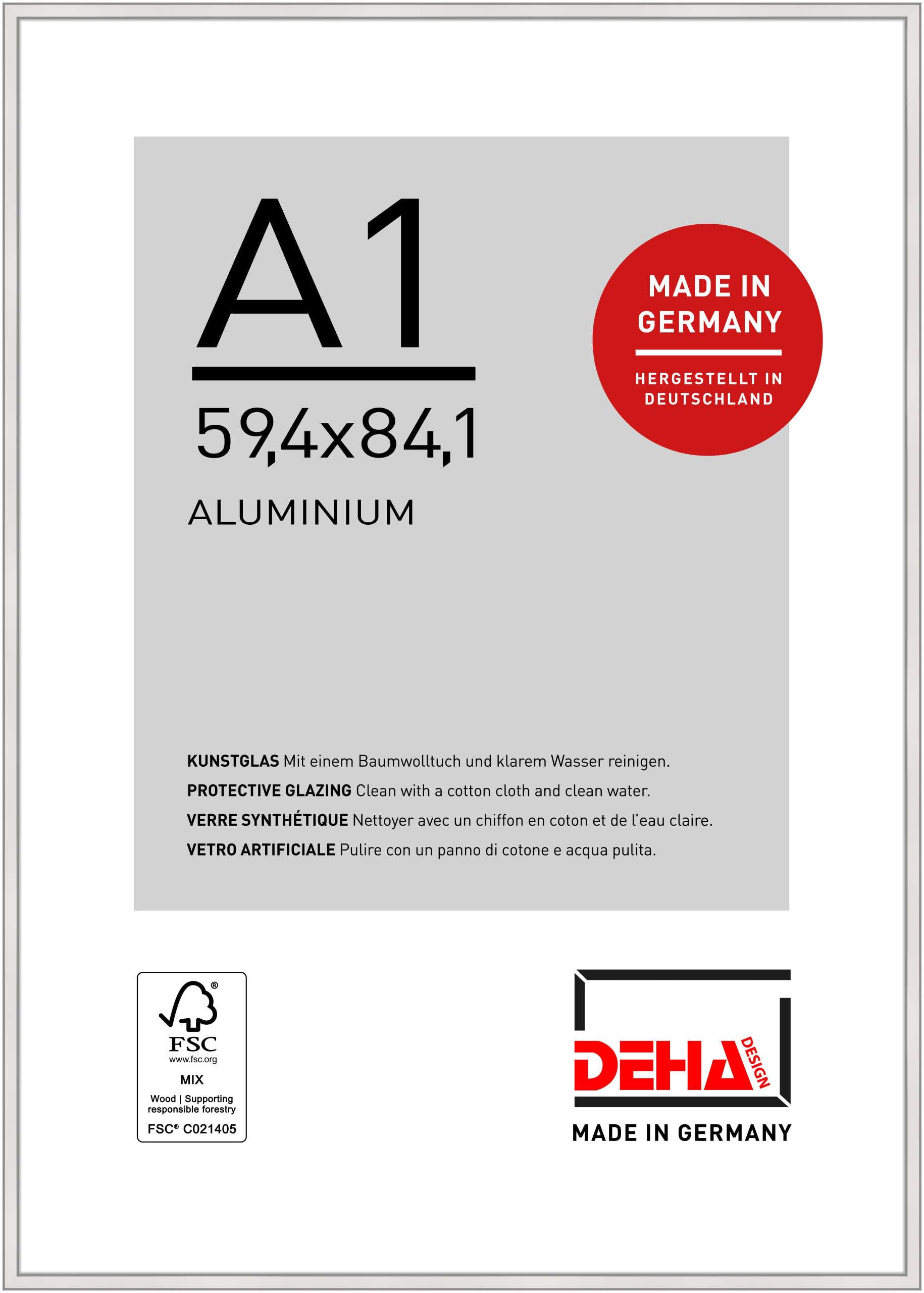 Deha Design Polished Silver Boston Aluminium Picture Frame - A1 (59.4X84.1 Cm) – Silver - With Synthetic Glass And Push/Turn Clips