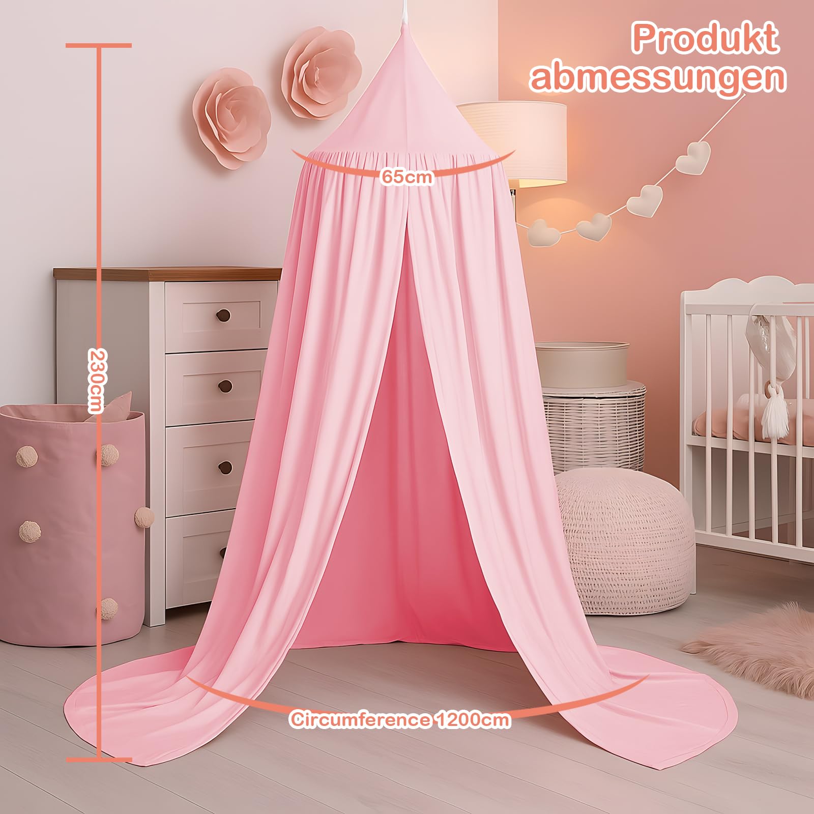 Baldachin Kinderzimmer, Betthimmel Babybett, Hängende Rund Princess Insektennetz Moskitonetz, Himmelbett Vorhänge Deko für Mädchen & Jungen (Rosa 60 * 230 * 450cm)