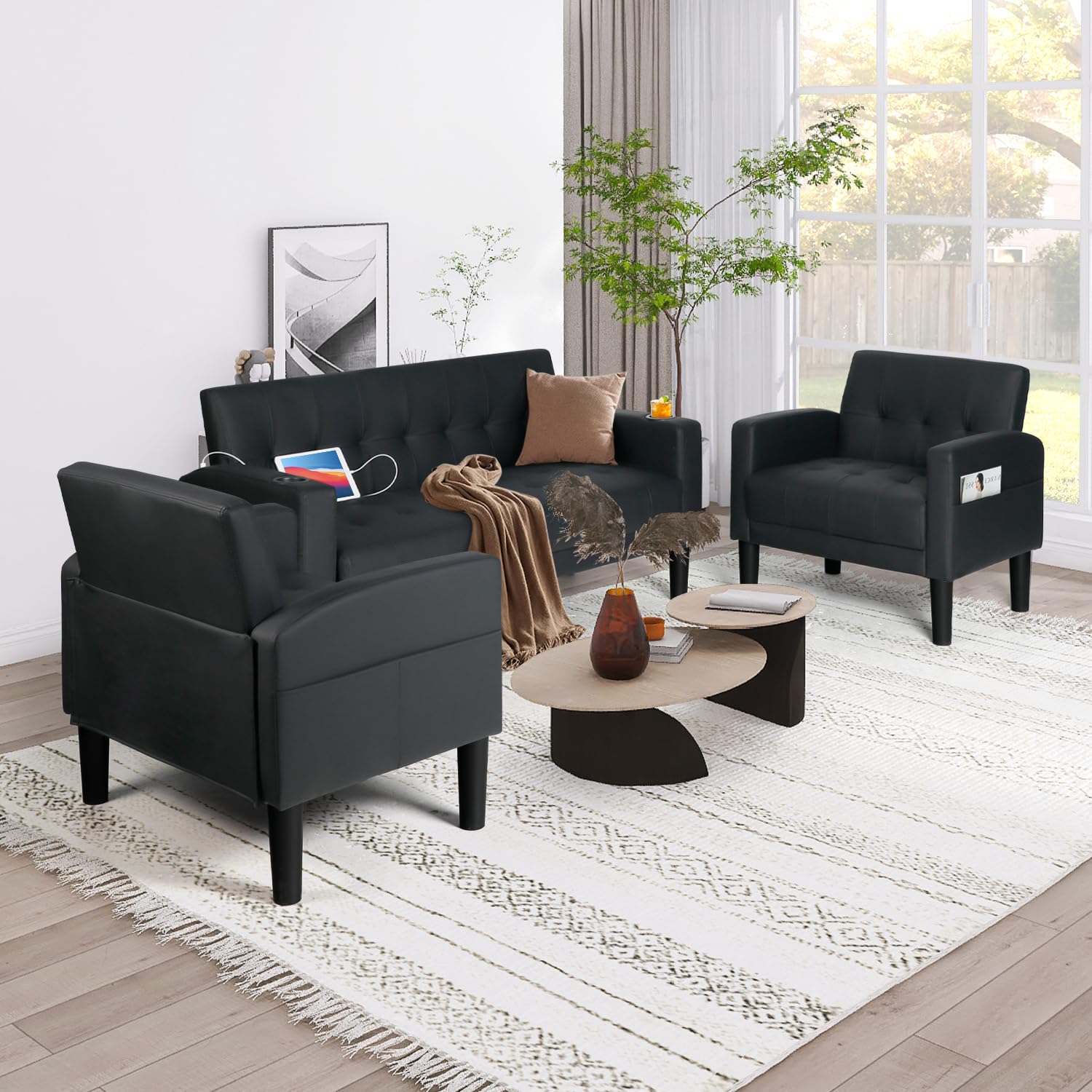 Leather Loveseat AILEEKISS 66" W Loveseat Sofa With 2 USB Mid Century ...