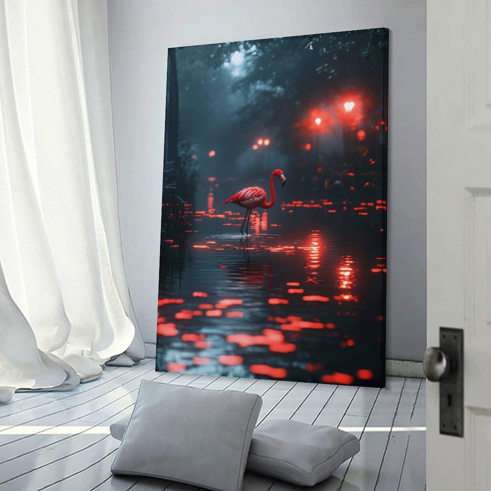 Junmoney Frame-Style-24 Flamingo In A Mystical Red-Lit Forest Wall Art Print 20X30inch(50X75cm), For Gallery Wall Layouts In Home Or Office, An Easy Match For Collected Prints