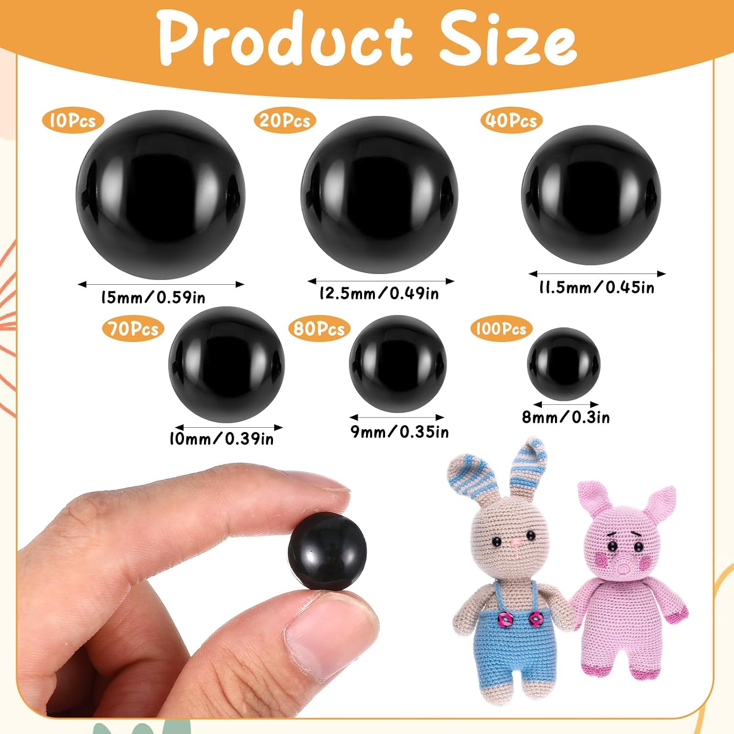 320 PCS Crochet Safety Eyes, Round Black 8mm to 15mm Sew on Eyes for Stuffed Animals, Plastic Mushroom Domed Crochet Eyes for DIY Stuffed Animal Amigurumi Crochet Toy Doll Making